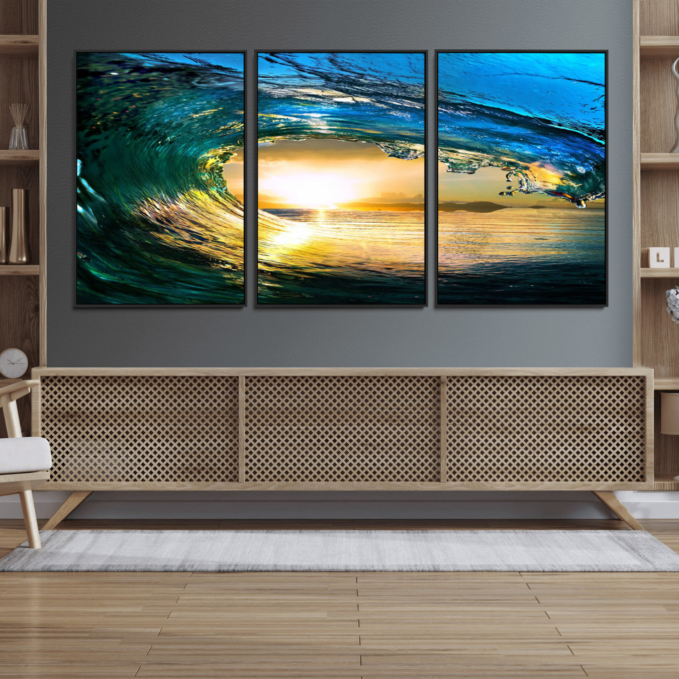 19378-MGV-FC-60X30-3P_Black-Ocean Wave at Sunset Canvas Art, Large Wall Print of Vibrant Water Waves, Coastal Art for Living