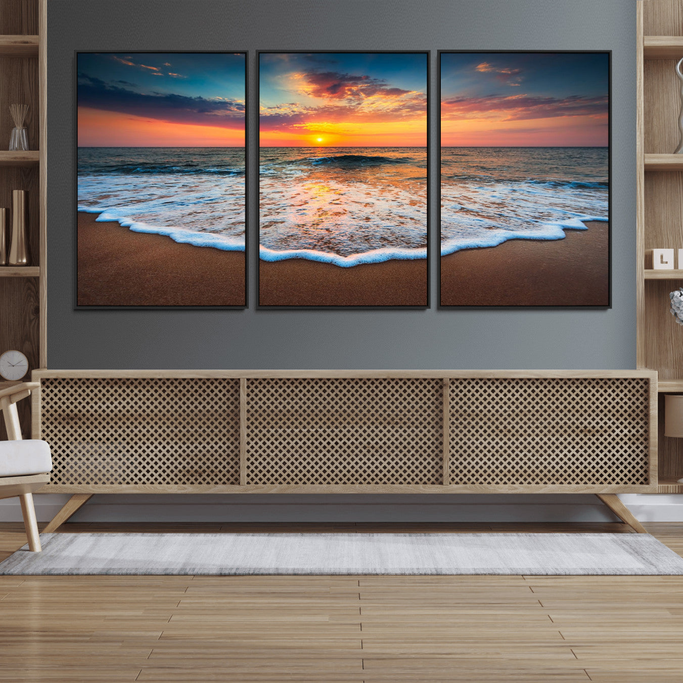 16110-MGV-FC-60X30-3P_Black-Sunset Beach Canvas Wall Art – Colorful Ocean Waves Triptych – Coastal Decor for Living Room or