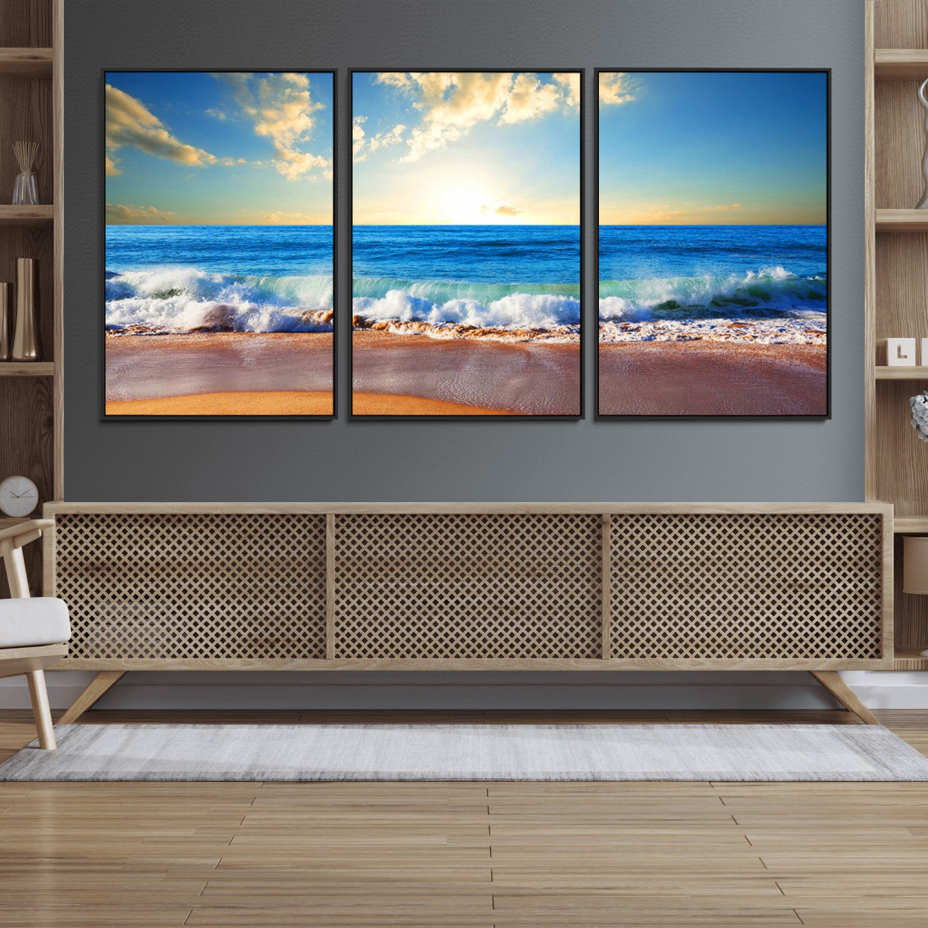 50522-MGV-FC-60X30-3P_Black-Tropical Beach Sunset Canvas Art, Ocean Waves and Sandy Shoreline Wall Art, Large Beach Decor for