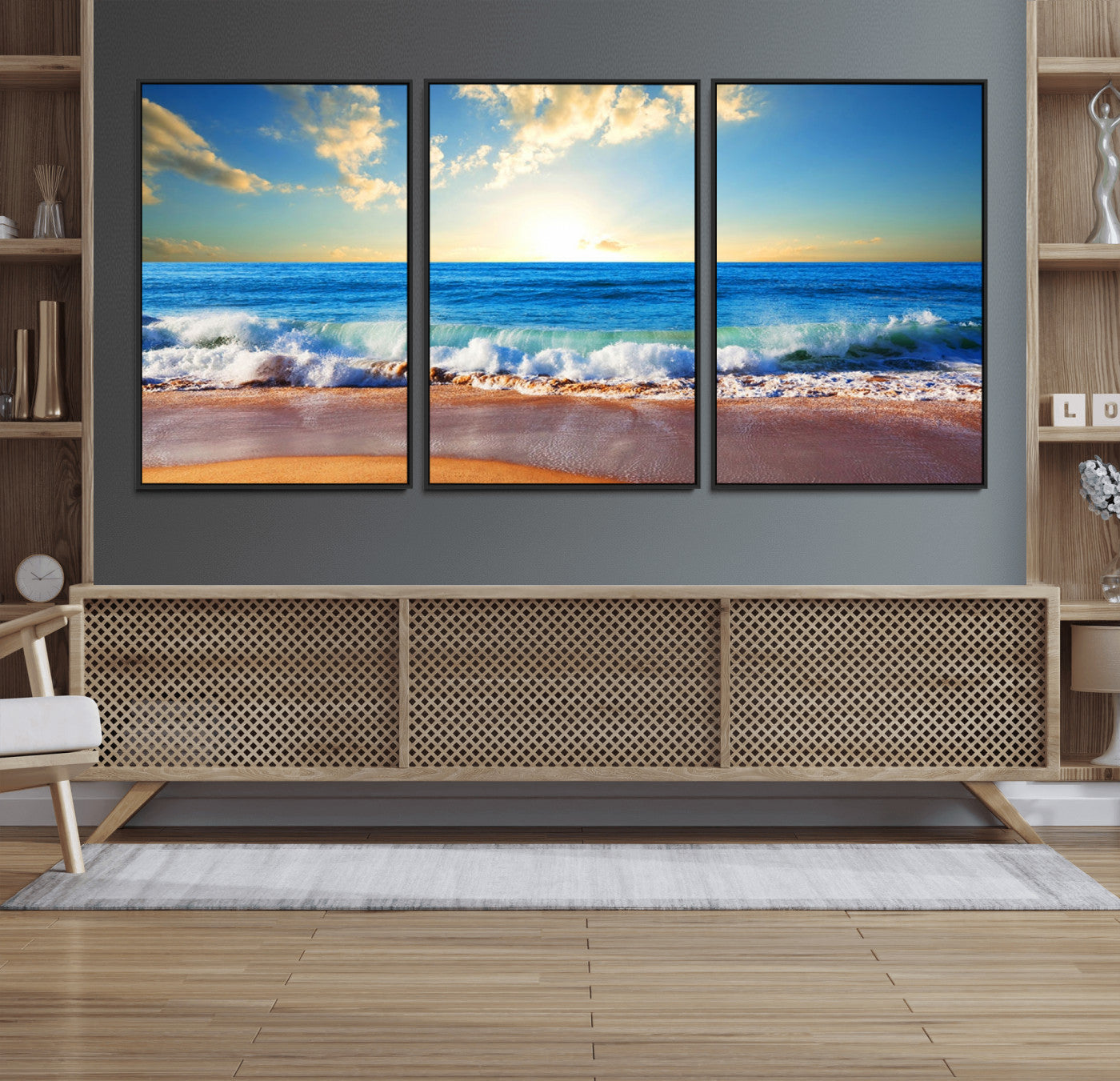 50522-MGV-FC-60X30-3P_Black-Tropical Beach Sunset Canvas Art, Ocean Waves and Sandy Shoreline Wall Art, Large Beach Decor for