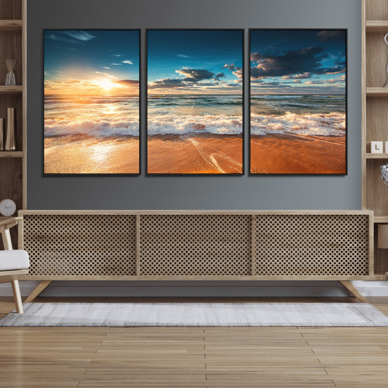 35648-MGV-FC-60X30-3P_Black-Golden Sunset Beach Triptych Canvas Art, Giclee Coastal Wall Decor, Ocean Waves Print, Modern Beach