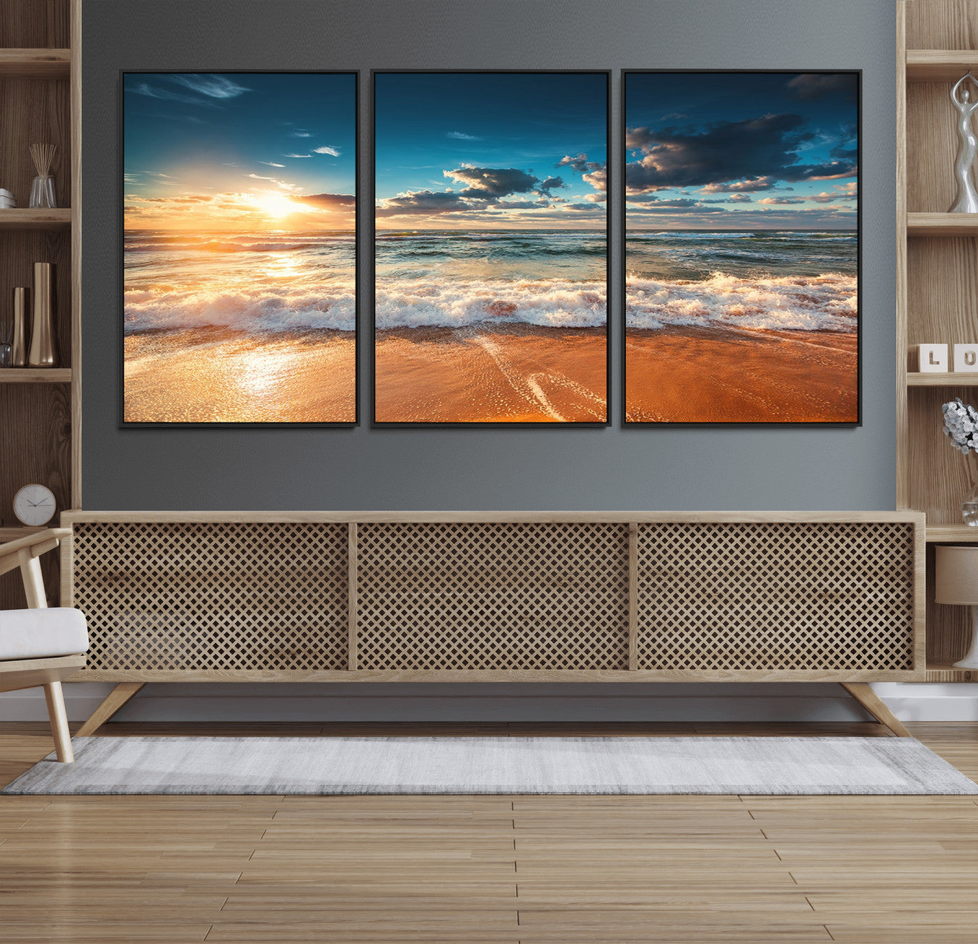 35648-MGV-FC-60X30-3P_Black-Golden Sunset Beach Triptych Canvas Art, Giclee Coastal Wall Decor, Ocean Waves Print, Modern Beach