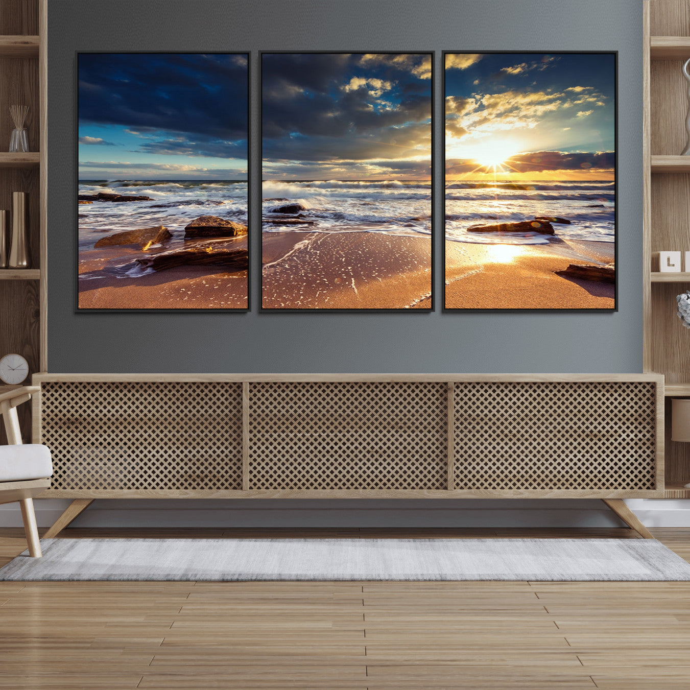 -Golden Hour Beach Sunset Canvas Triptych, Ocean Waves and Rocks Wall Art for Coastal Home Decor
