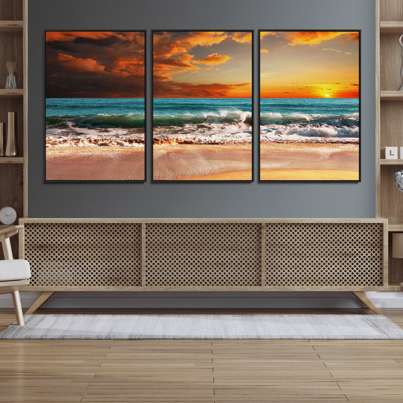 -Golden Sunset Beach Canvas Wall Art – Triptych Seascape Print – Framed and Ready to Hang for Living