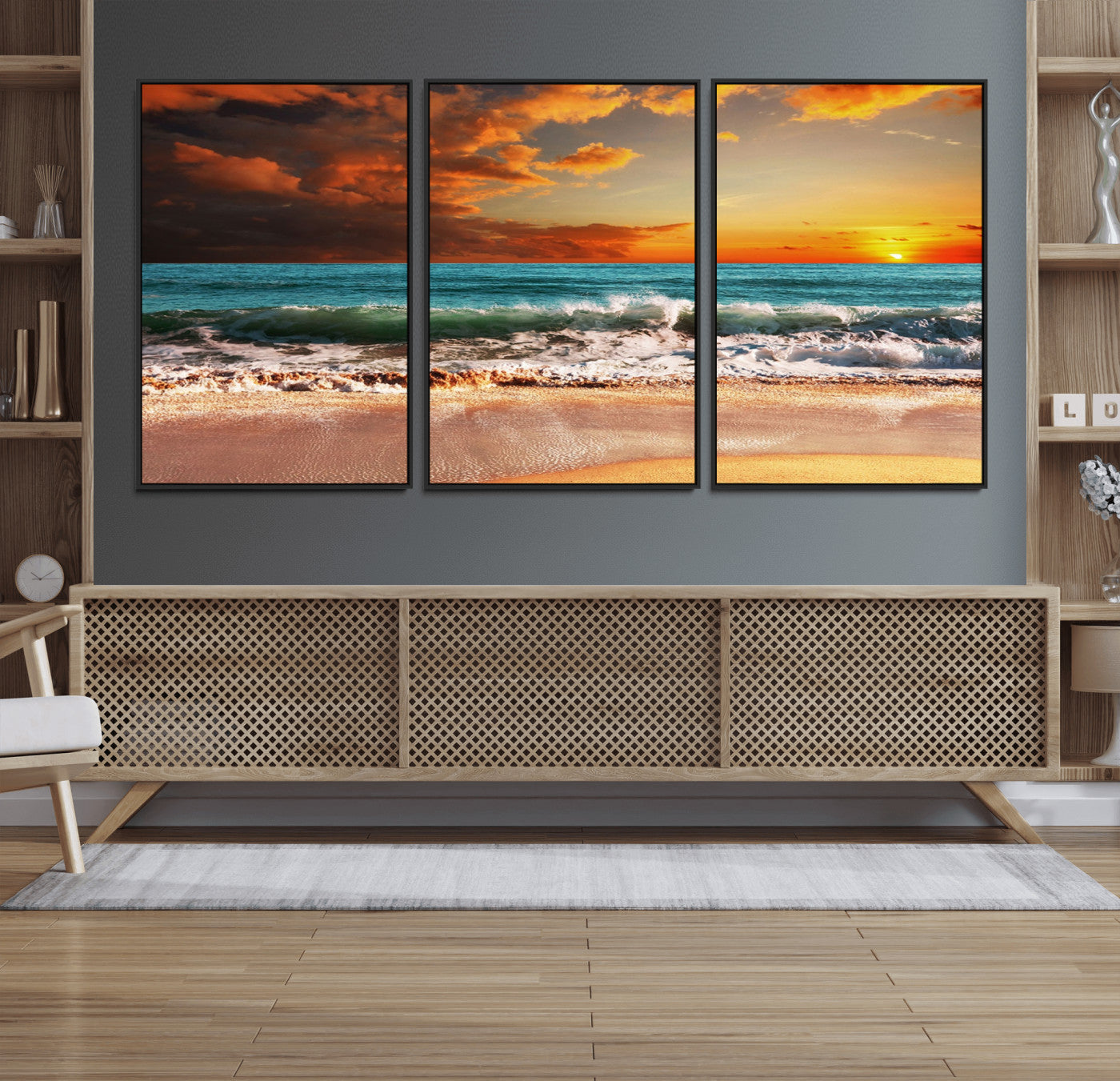 -Golden Sunset Beach Canvas Wall Art – Triptych Seascape Print – Framed and Ready to Hang for Living