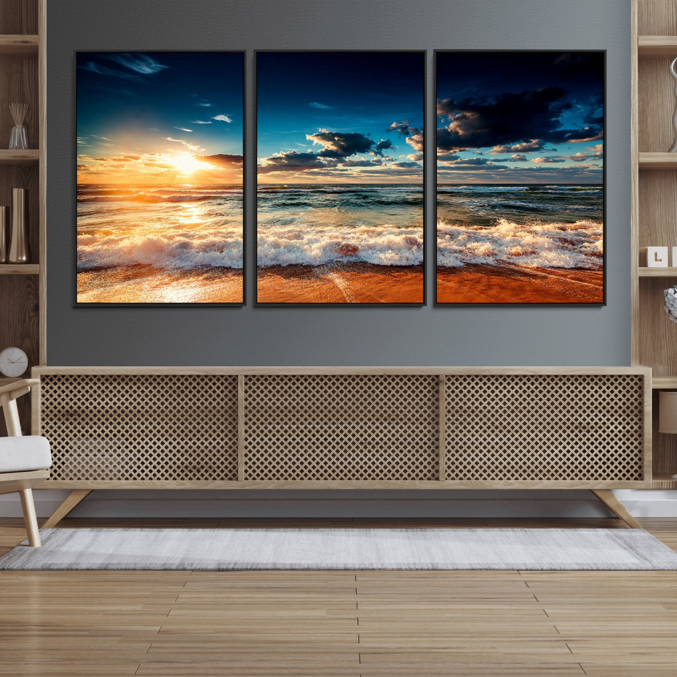 26996-MGV-FC-60X30-3P_Black-Golden Hour Sunset Over Ocean Waves Wall Art Canvas Print | 3 Panel Coastal Landscape Canvas Wall