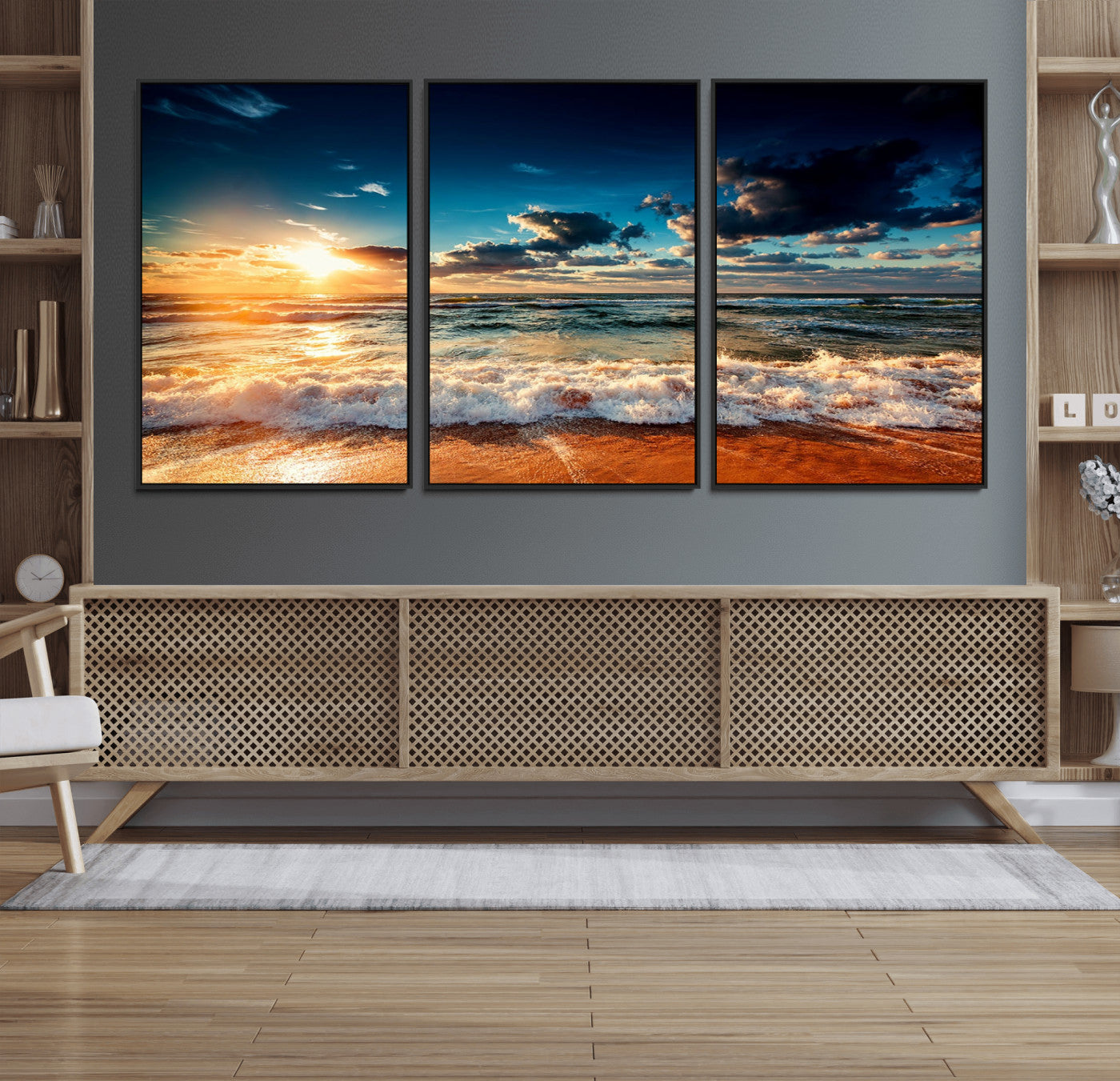26996-MGV-FC-60X30-3P_Black-Golden Hour Sunset Over Ocean Waves Wall Art Canvas Print | 3 Panel Coastal Landscape Canvas Wall