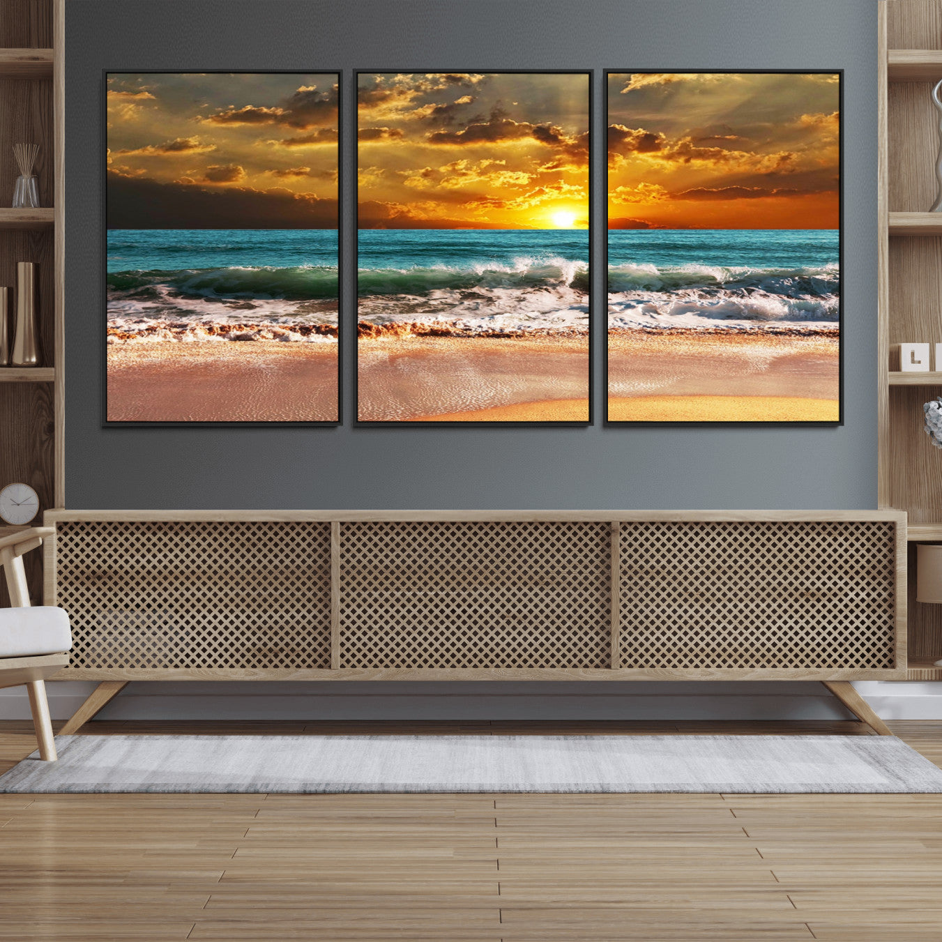 -Golden Sunset Beach Canvas Wall Art – Triptych Seascape Print – Framed and Ready to Hang for Living