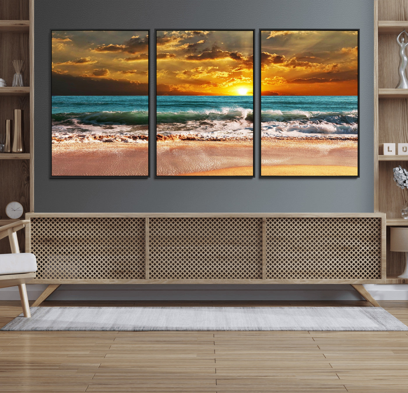 16495-MGV-CV-36X24-Golden Sunset Beach Canvas Wall Art – Triptych Seascape Print – Framed and Ready to Hang for Living