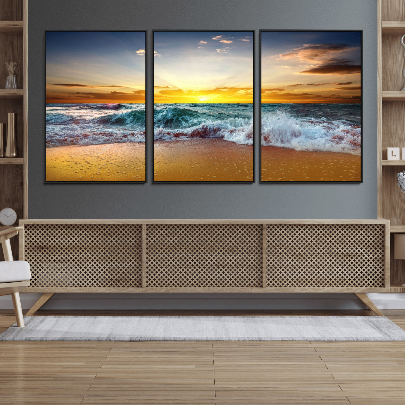 73401-MGV-FC-60X30-3P_Black-Golden Sunset Ocean Waves Wall Art Canvas Print – Multi Panel Beach Canvas Print Set – Large Coastal