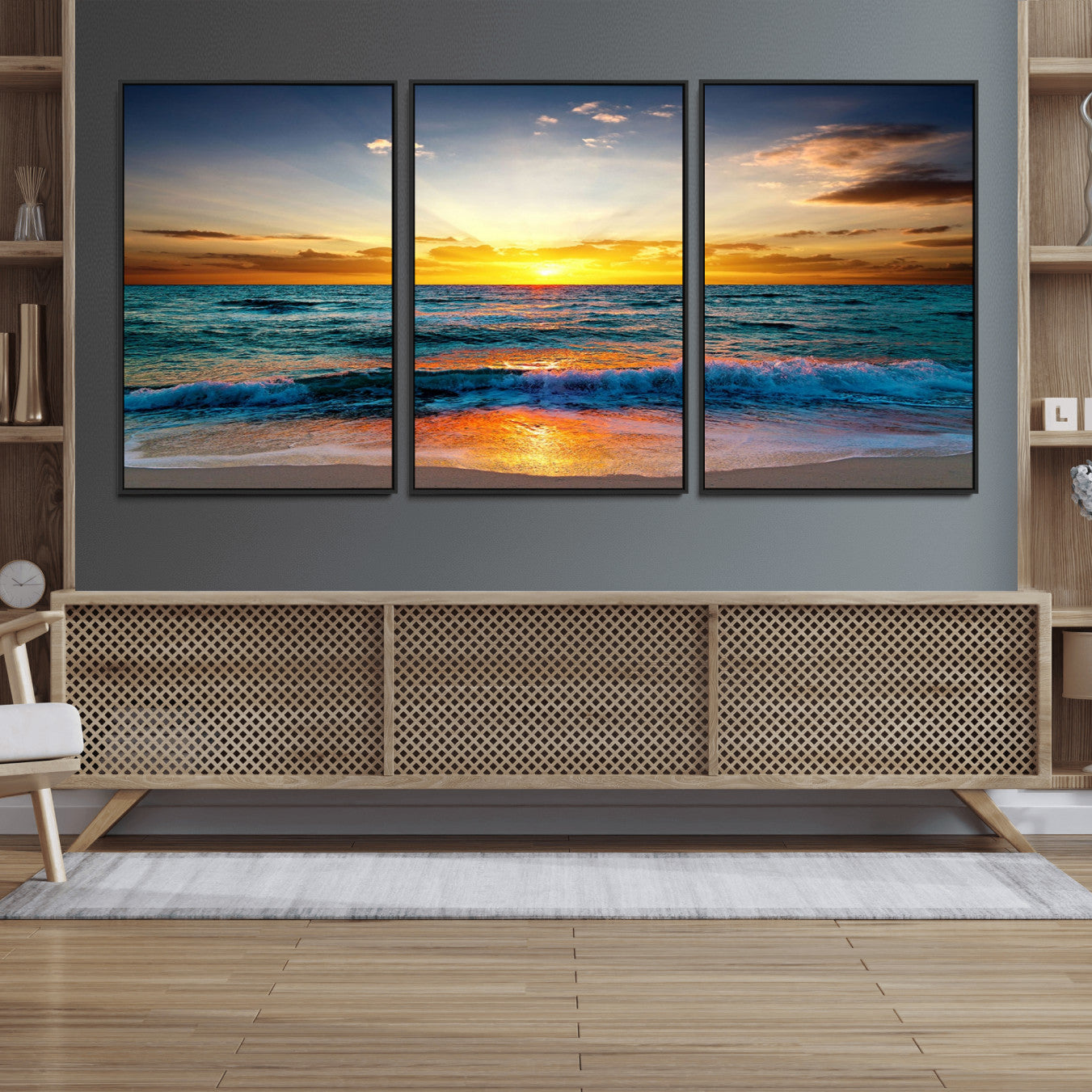 50627-MGV-FC-60X30-3P_Black-Vibrant Ocean Sunrise Over Golden Beach Waves, Giclee Canvas Wall Art Set, High-Quality Stretched