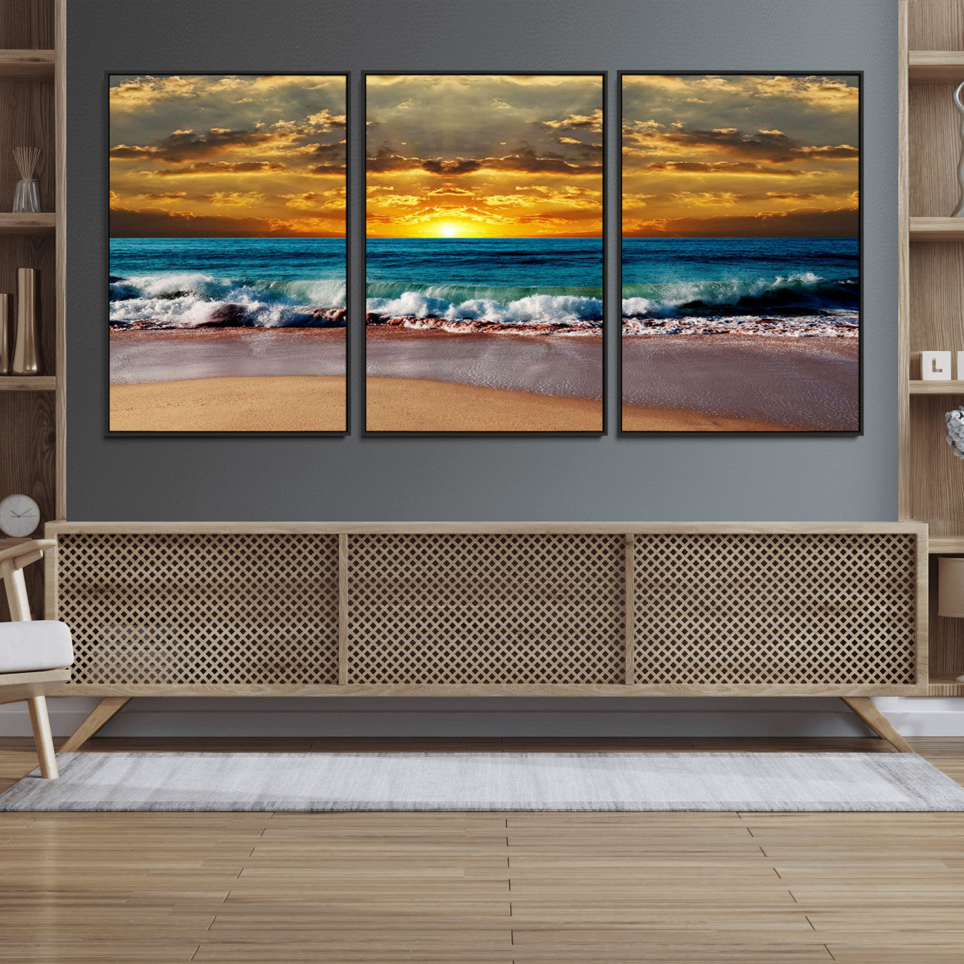 83389-MGV-FC-60X30-3P_Black-Ocean Sunrise Over Golden Beach Waves, Giclee Canvas Wall Art Set, High-Quality Stretched Canvas