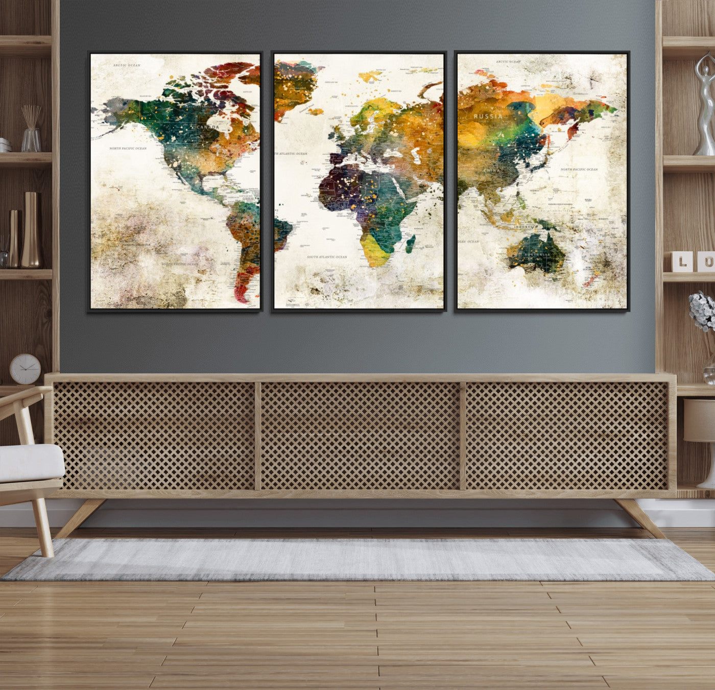 39605-MGV-FC-60X30-3P_Black-Vintage Watercolor World Map Canvas Wall Art – Framed Push Pin Travel Map for Home and Office Decor, Rustic Artistic World Map Artwork