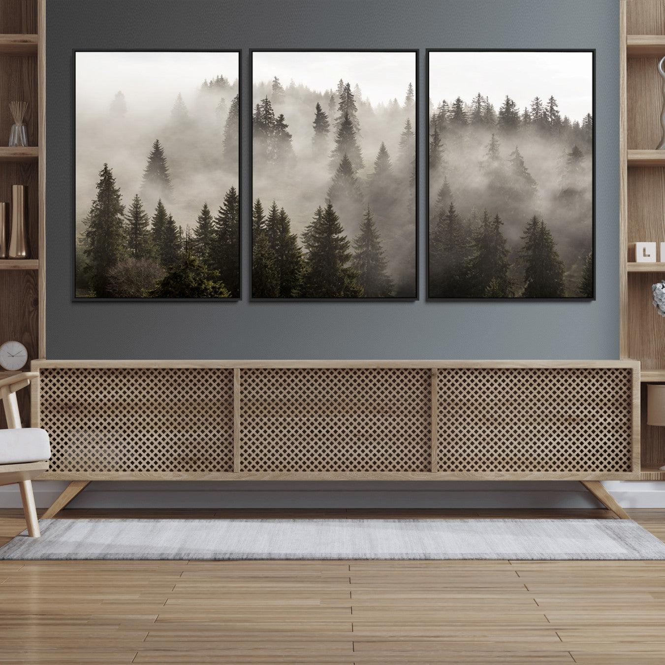 62862-MGV-FC-60X30-3P_Black-Foggy Mountain Wall Art | 3-Panel Foggy Forest and Mountain Landscape | Large Giclee Print for