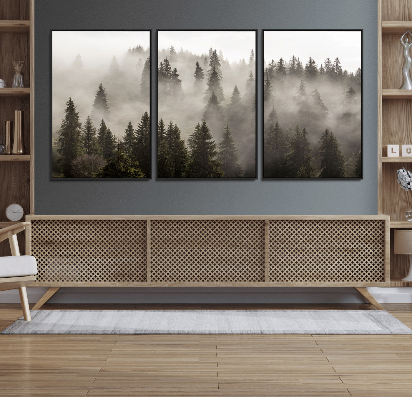 62862-MGV-FC-60X30-3P_Black-Foggy Mountain Wall Art | 3-Panel Foggy Forest and Mountain Landscape | Large Giclee Print for