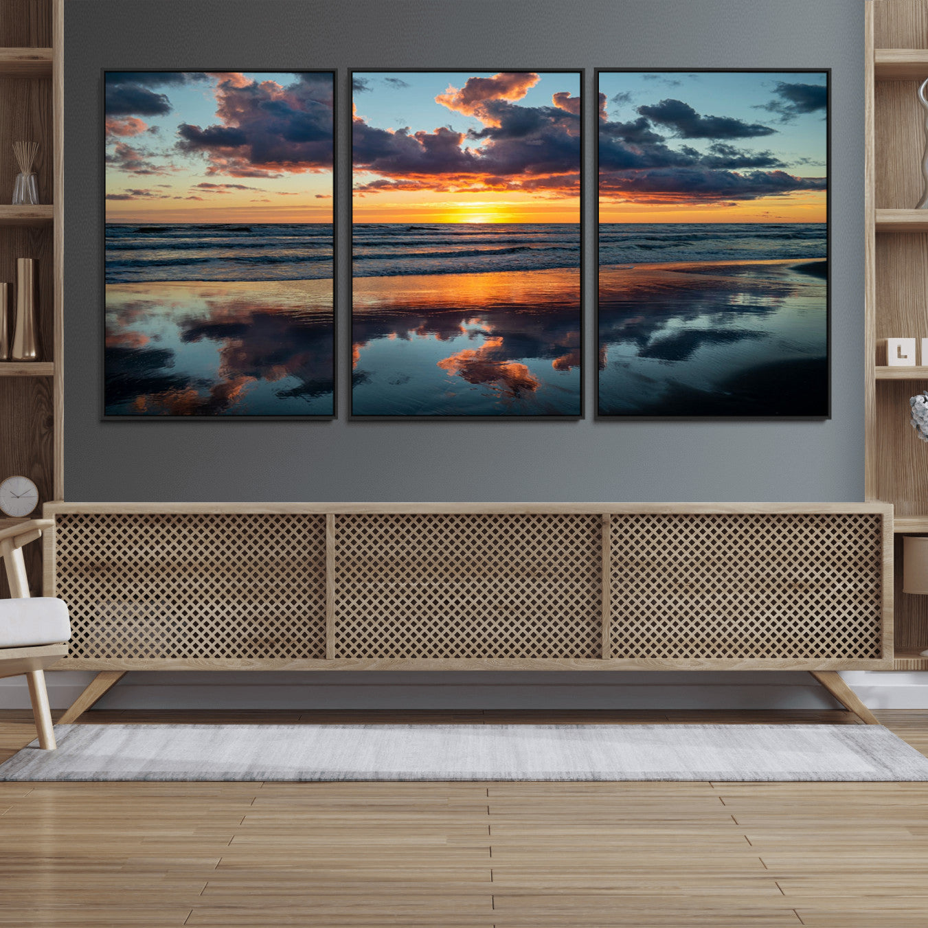 44145-MGV-FC-60X30-3P_Black-Beach Sunset Print - Stunning Ocean Canvas Artwork with Sunset Reflection Design for Elegant Home or