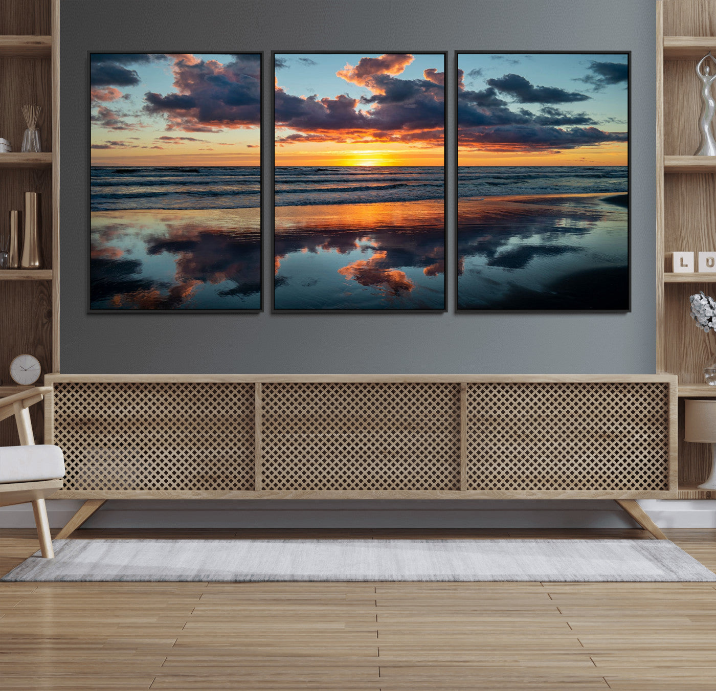 44145-MGV-FC-60X30-3P_Black-Beach Sunset Print - Stunning Ocean Canvas Artwork with Sunset Reflection Design for Elegant Home or