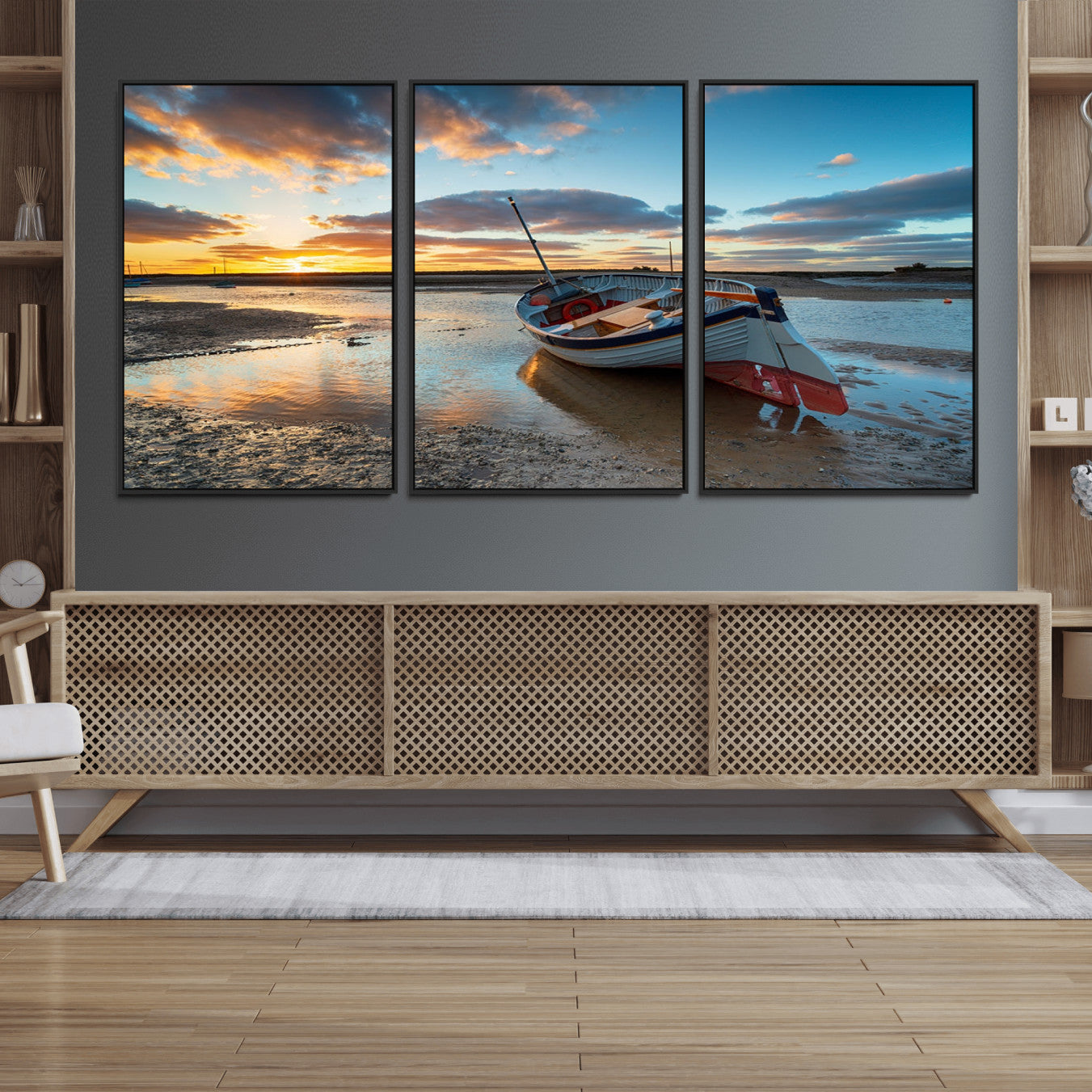 32750-MGV-FC-60X30-3P_Black-Small Boat At The Beach Sunset Wall Art, Boat Sunset Wall Art Canvas Print