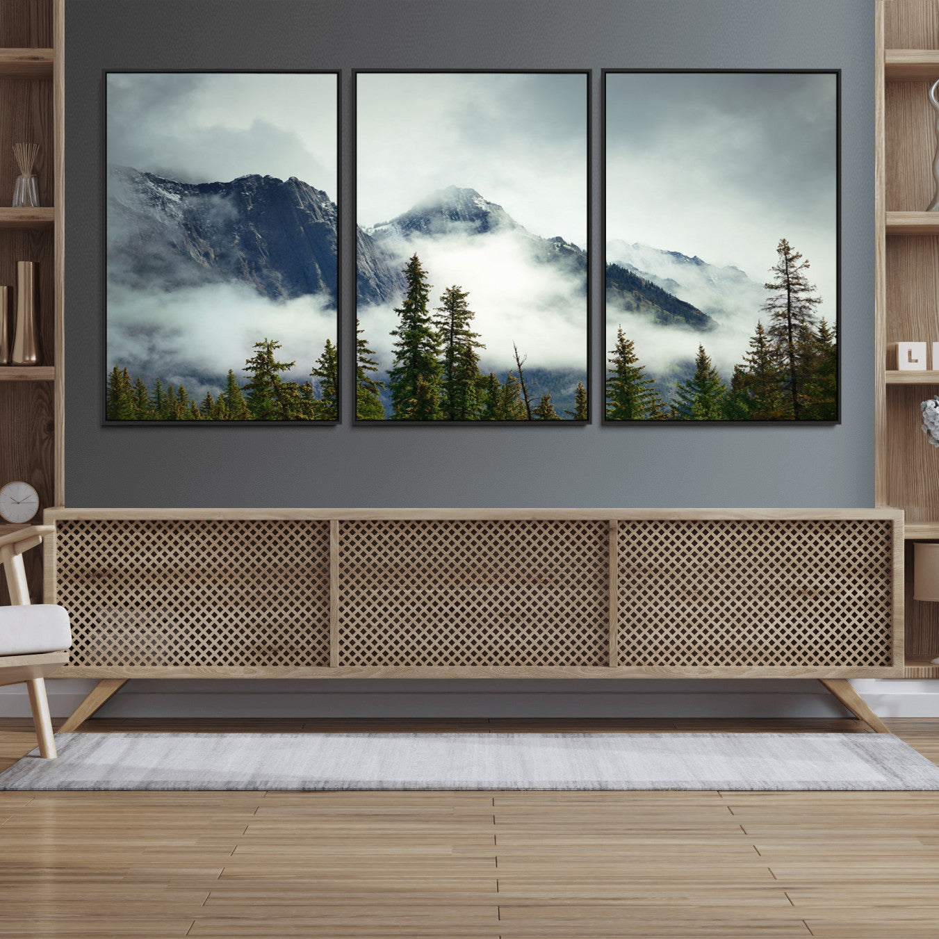 93219-MGV-FC-60X30-3P_Black-Mountain Mist Canvas Wall Art Print | 3-Panel Foggy Forest and Mountain Landscape | Large Giclee