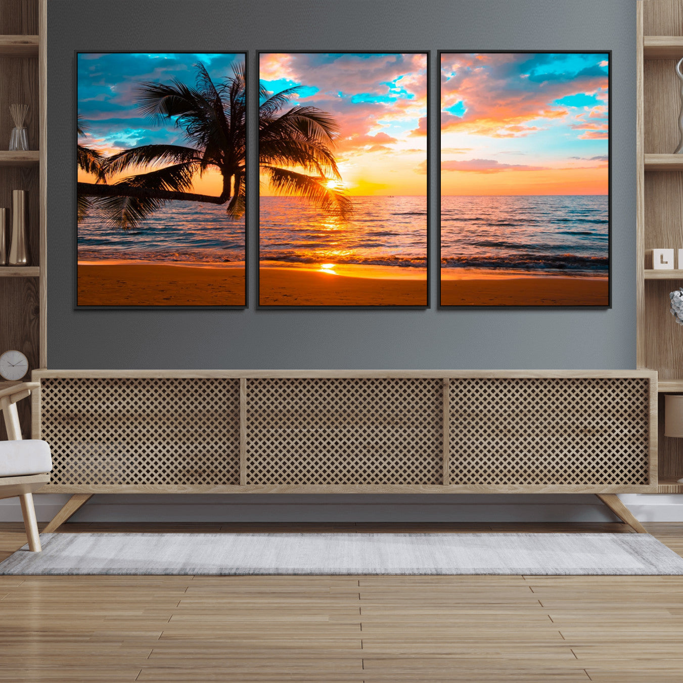 34674-MGV-FC-60X30-3P_Black-Palm Tree Sunset On The Beach Wall Art Canvas, Framed Palm Tree Sunset Canvas Print