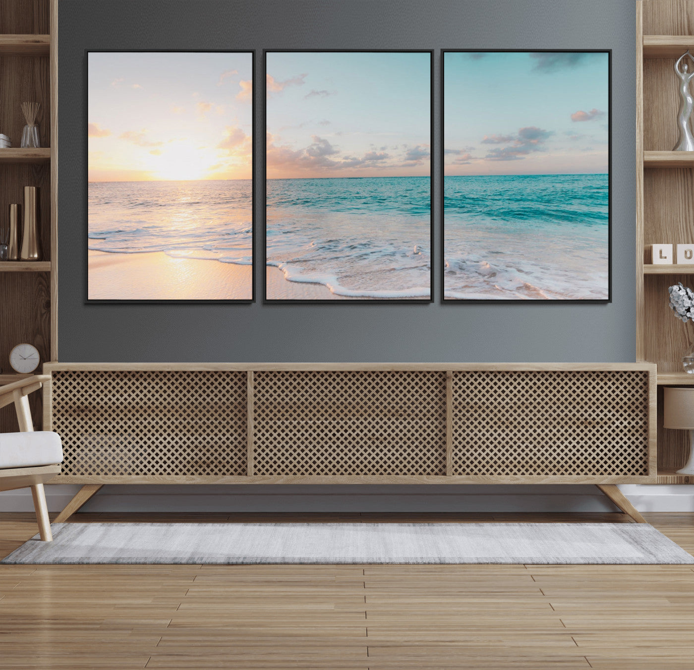49620-MGV-FC-60X30-3P_Black-Tranquil Ocean Beach Sunset Canvas Wall Art | 3-Panel Coastal Decor