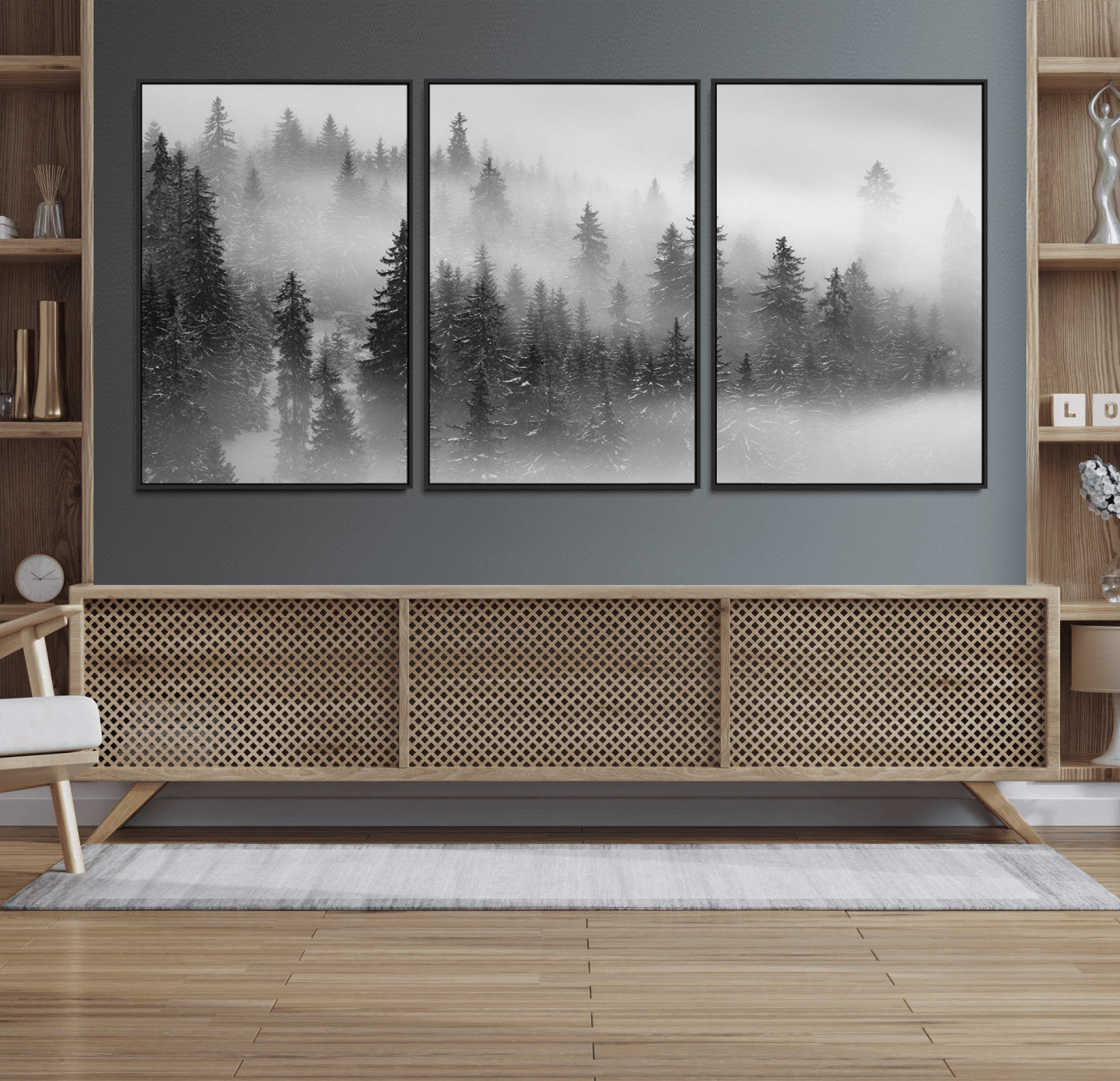57235-MGV-FC-60X30-3P_Black-Foggy Misty Forest Canvas Wall Art – Black and White Landscape – Framed and Ready to Hang Modern