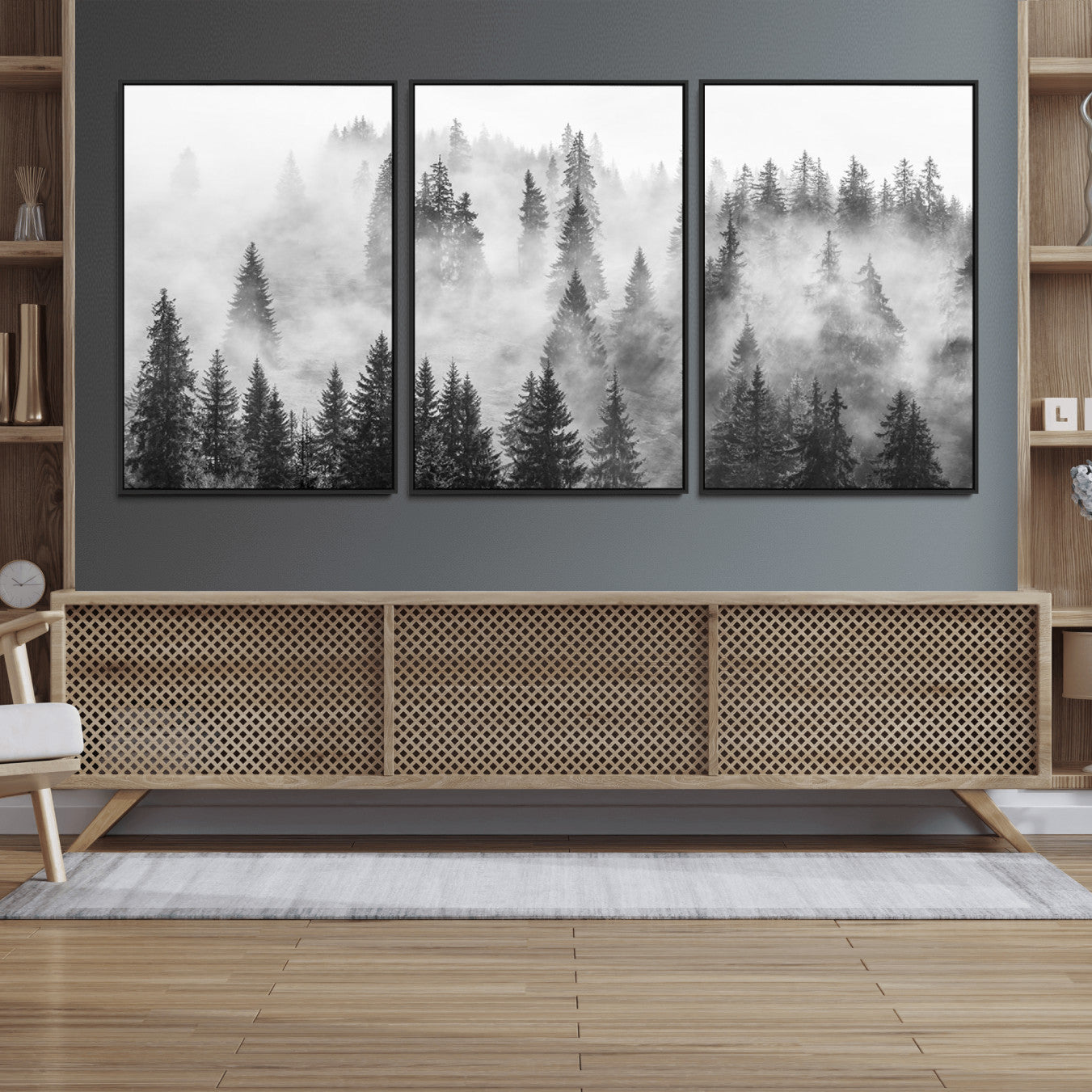 10422-MGV-FC-60X30-3P_Black-Forest Wall Art Print | Foggy Pine Forest Canvas Wall Art - Black and White Nature Decor for Living Room, Office