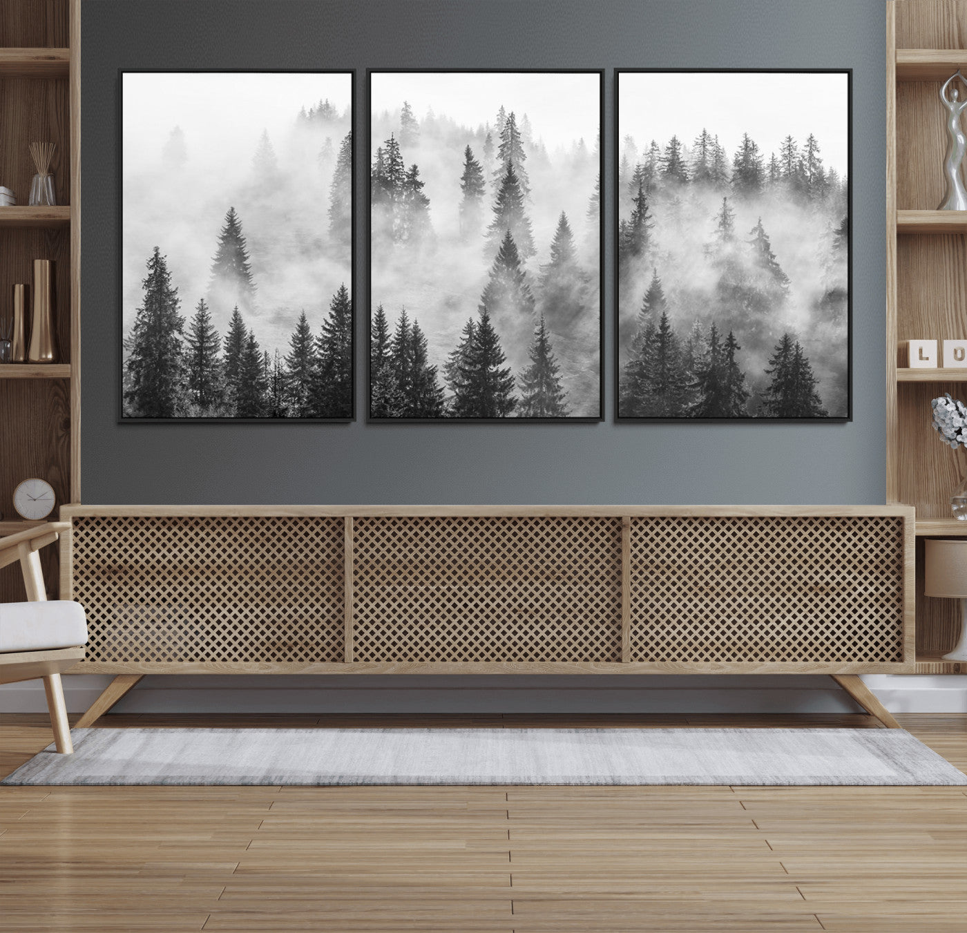 10422-MGV-FC-60X30-3P_Black-Forest Wall Art Print | Foggy Pine Forest Canvas Wall Art - Black and White Nature Decor for Living Room, Office
