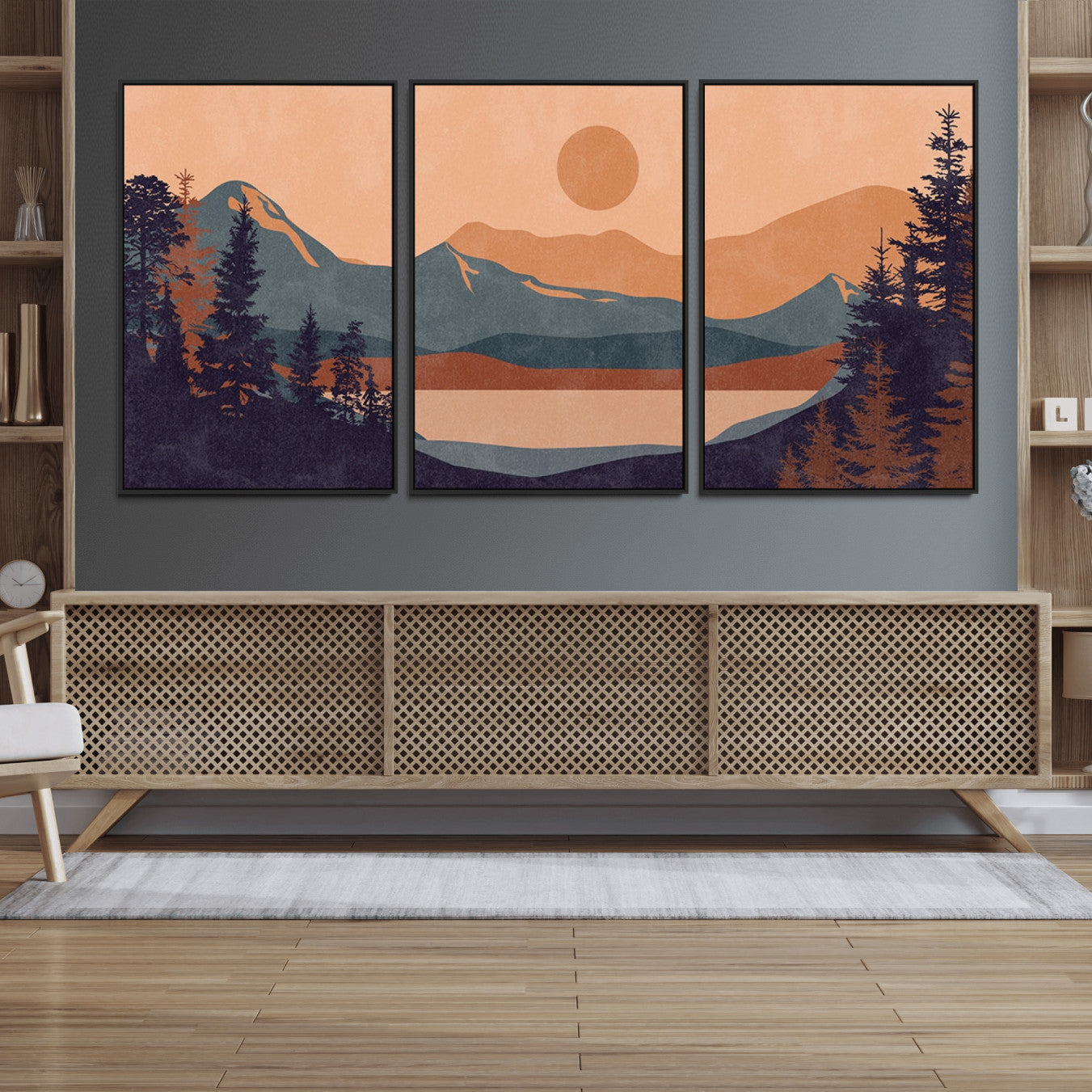 62795-MGV-FC-60X30-3P_Black-Modern Boho Sunset Canvas Print, Mountain Landscape Triptych – Giclée Canvas Art Print for Living