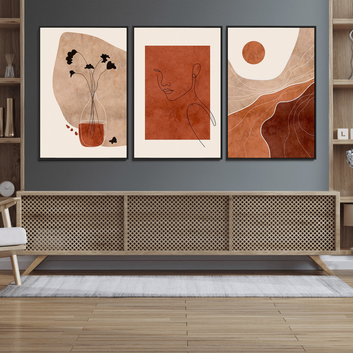 56768-MGV-CV-60X30-3P - Boho Sunset Mountain Canvas Print, Modern Boho Sunset Mountain Landscape Triptych – Giclée Canvas