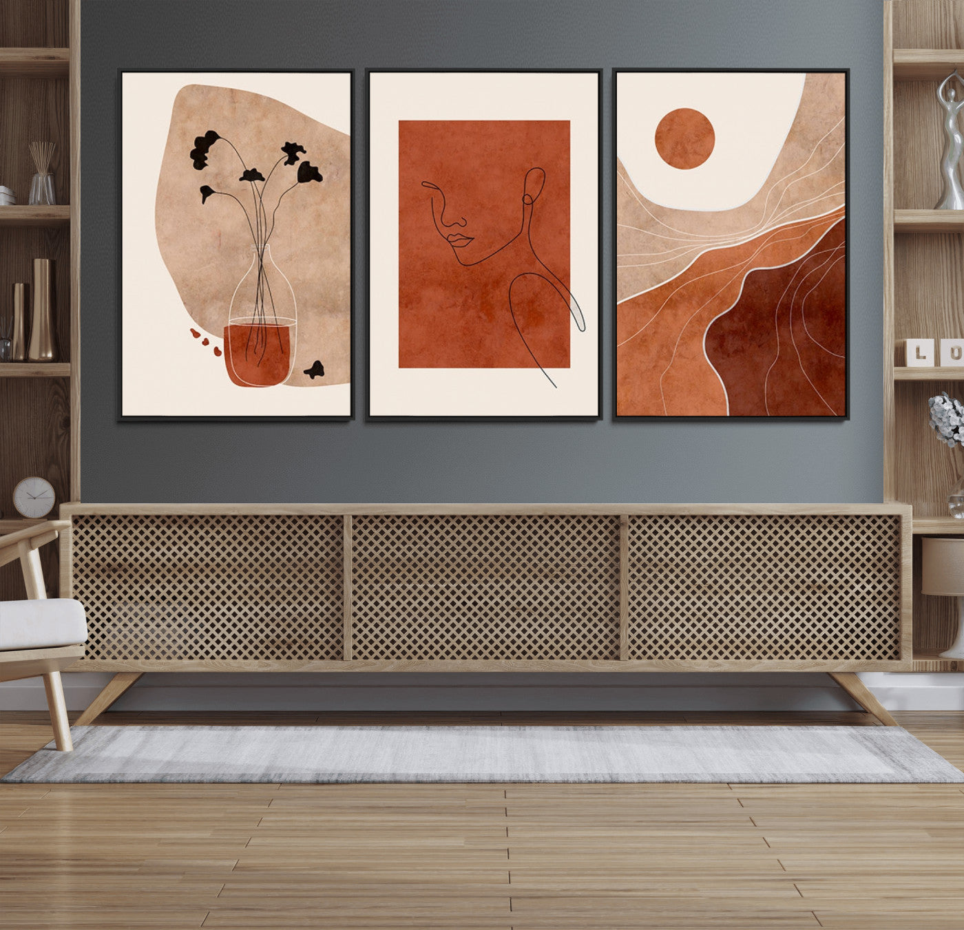 56768-MGV-CV-60X30-3P - Boho Sunset Mountain Canvas Print, Modern Boho Sunset Mountain Landscape Triptych – Giclée Canvas