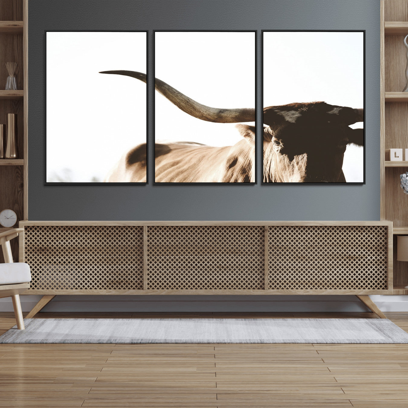 35866-MGV-FC-60X30-3P_Black-Texas Longhorn Wall Art Canvas Print | 3-Panel Large Longhorn Canvas Print for Living Room, Framed
