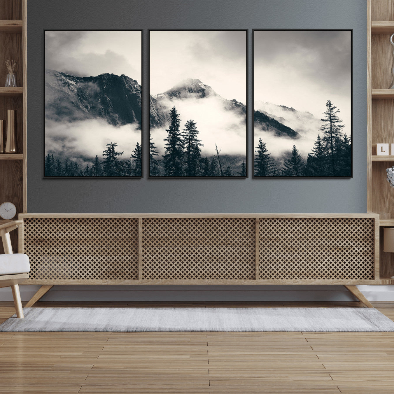 59517-MGV-FC-60X30-3P_Black-Forest Mountain Print - Black and White Canvas Wall Art with Misty Forest Design for Elegant and