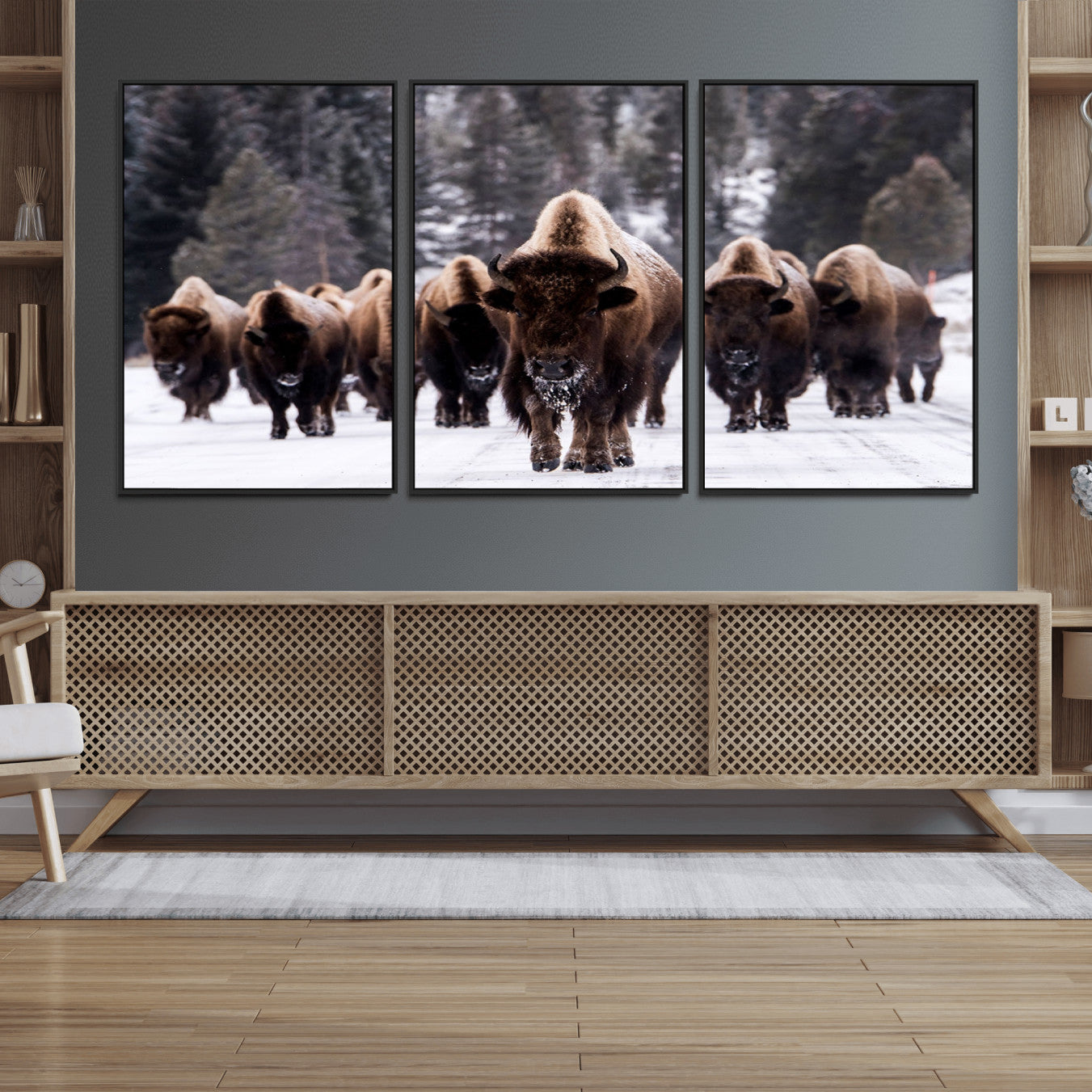 66871-MGV-FC-60X30-3P_Black-Bison Wall Art Canvas Print- Bison Herd Canvas Wall Art – Majestic Wildlife Photography – Framed and
