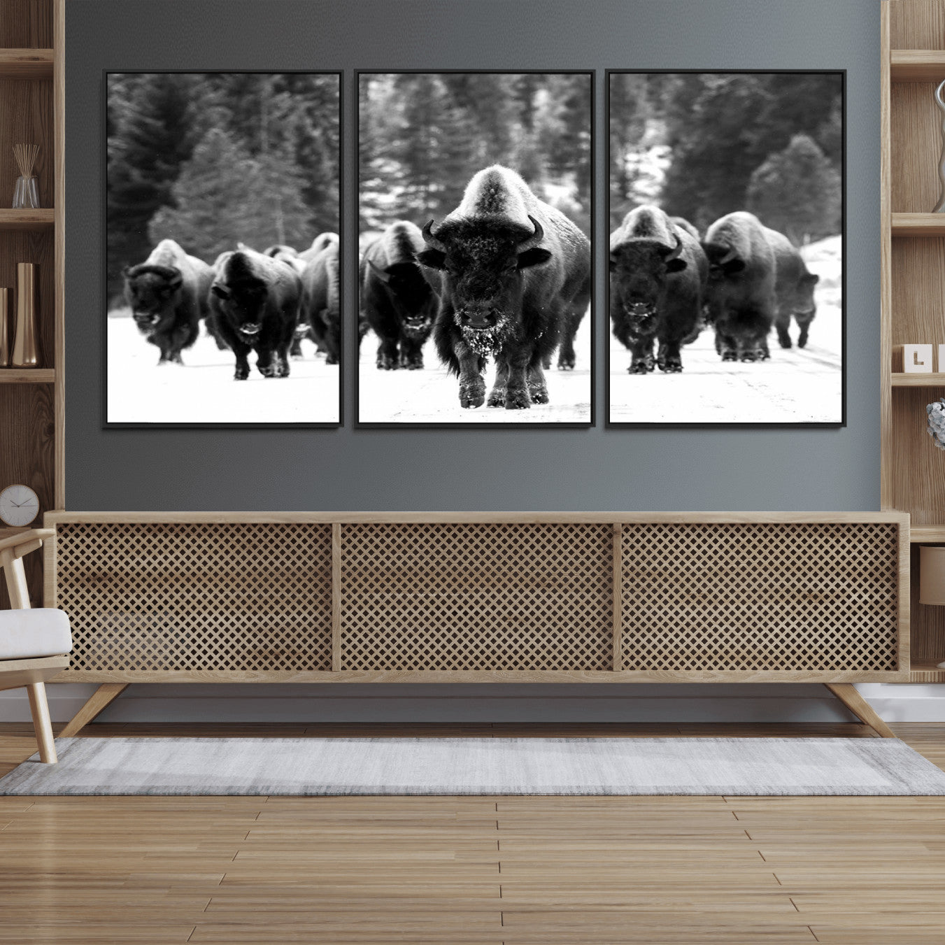 62434-MGV-FC-60X30-3P_Black-Bison Herd in Snow Wall Art Canvas Print | Rustic Western Bison Wall Art for Decor for Living Room,