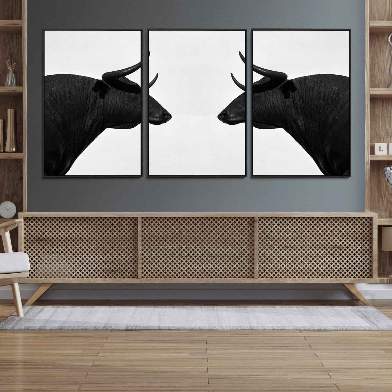 16038-MGV-FC-60X30-3P_Black-Spanish Bull Art - Framed Black and White Bull Canvas Print for Modern Rustic Home or Office Decor