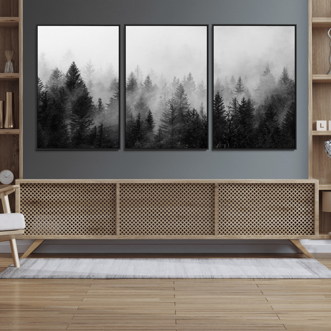 40700-MGV-FC-60X30-3P_Black-Fogy Forest Canvas Wall Art Print - Mountain Wall Art with Pine Trees and Misty Forest Canvas Print