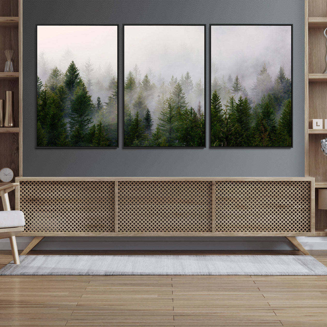 11436-MGV-FC-60X30-3P_Black-Misty Pine Forest Wall Art Canvas Print | 3 Panel Green Woodland Canvas Print for Living Room,