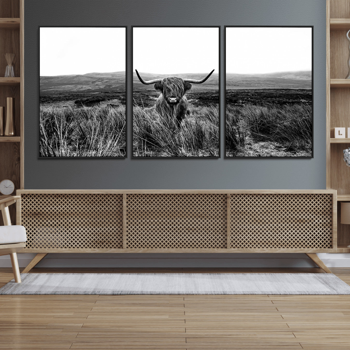 -MGV-FC-60X30-3P_Black-Black and White Highland Cow Canvas Wall Art, Longhorn Triptych Western Wall Decor for Cabin -