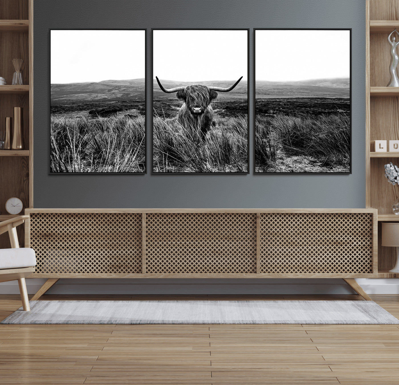-MGV-FC-60X30-3P_Black-Black and White Highland Cow Canvas Wall Art, Longhorn Triptych Western Wall Decor for Cabin -