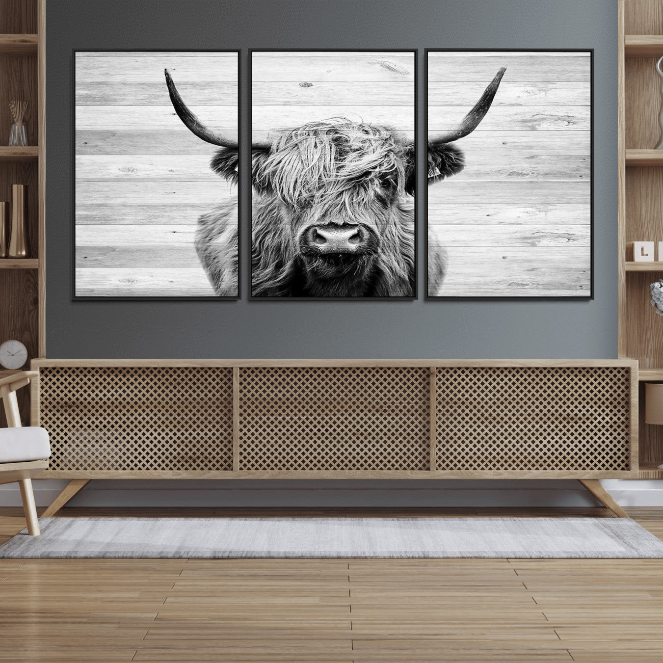 14634-MGV-FC-60X30-3P_Black-Scottish Highland Cow Cattle Art Print on Wood Background Style, Scottish Highland Cow Wall Art