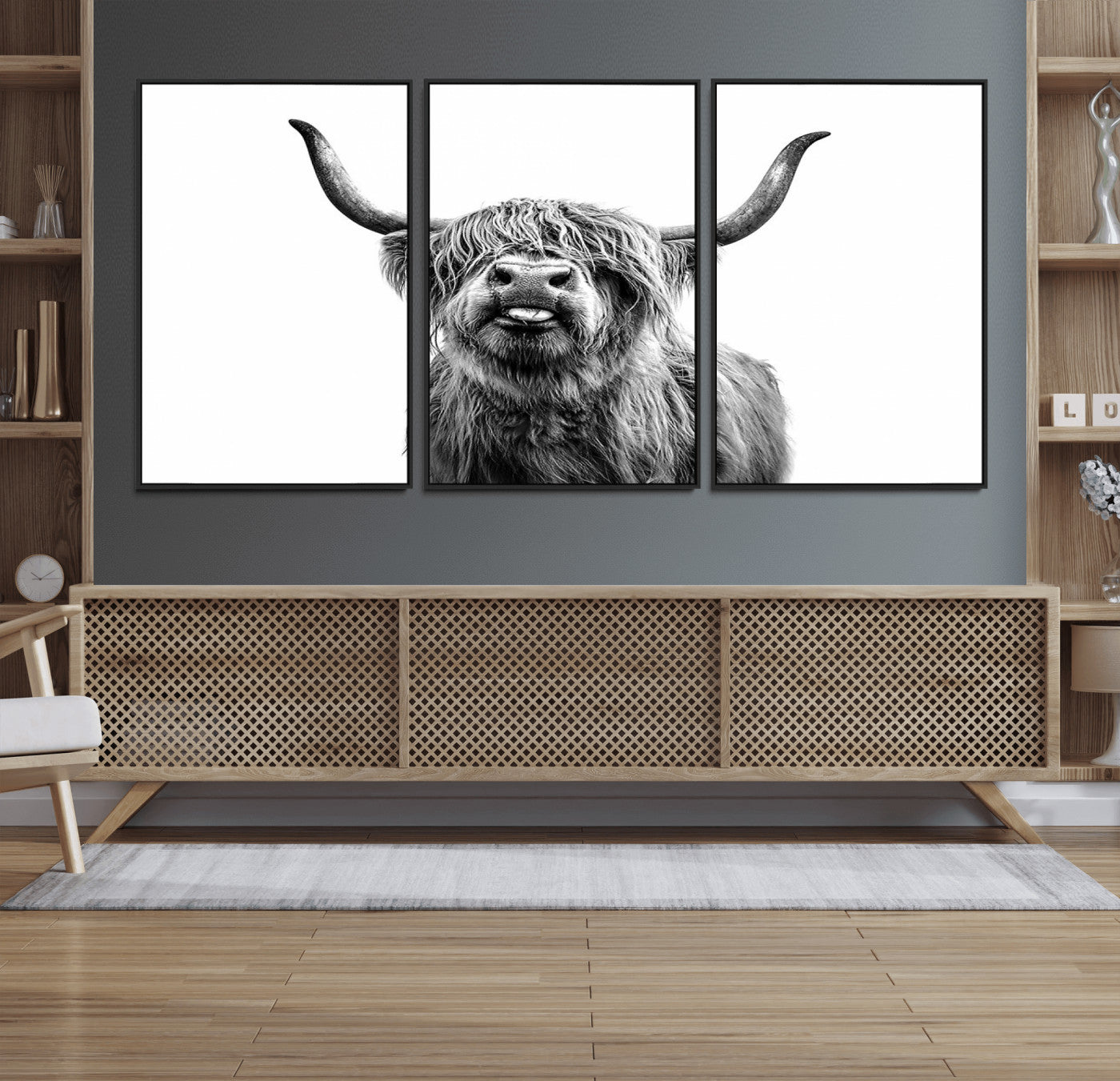 63859-MGV-FC-60X30-3P_Black-Fanny Scottish Highland Cow Cattle Art Print Farmhouse Wall Art Canvas Print