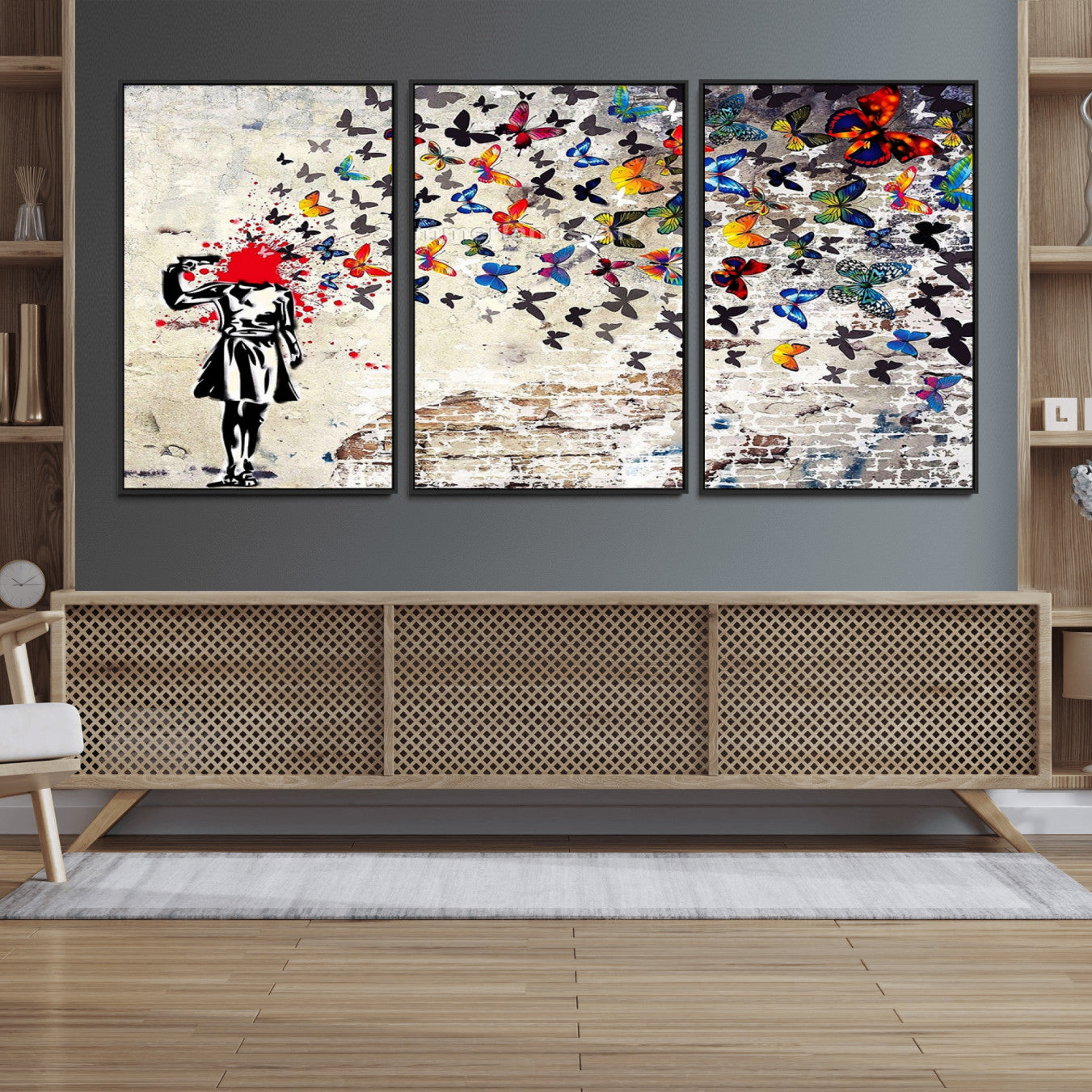 88654-MGV-FC-60X30-3P_Black-Banksy Art Butterfly Girl Explosion Canvas Art – Vibrant Urban Graffiti for Modern Interiors - Ready