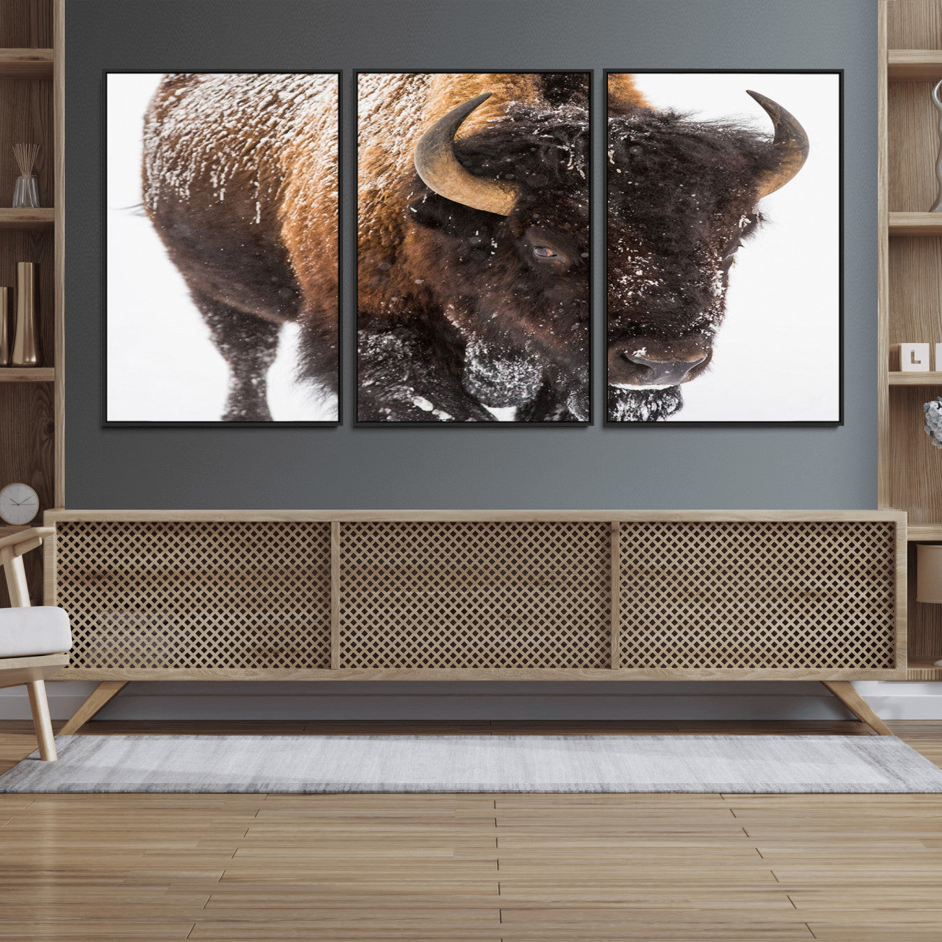 65605-MGV-FC-60X30-3P_Black-Bison Wall Art Canvas Print For Farmhouse, Wild Animal Wall Art, Framed Wild Bison Wall Art