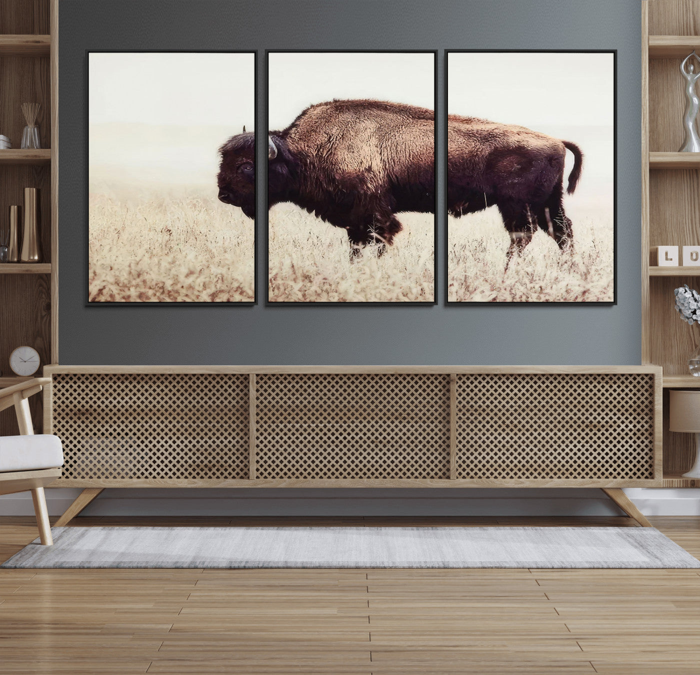48406-MGV-FC-60X30-3P_Black-Bison in Field Wall Art Canvas Print For Farmhouse Barn Decor