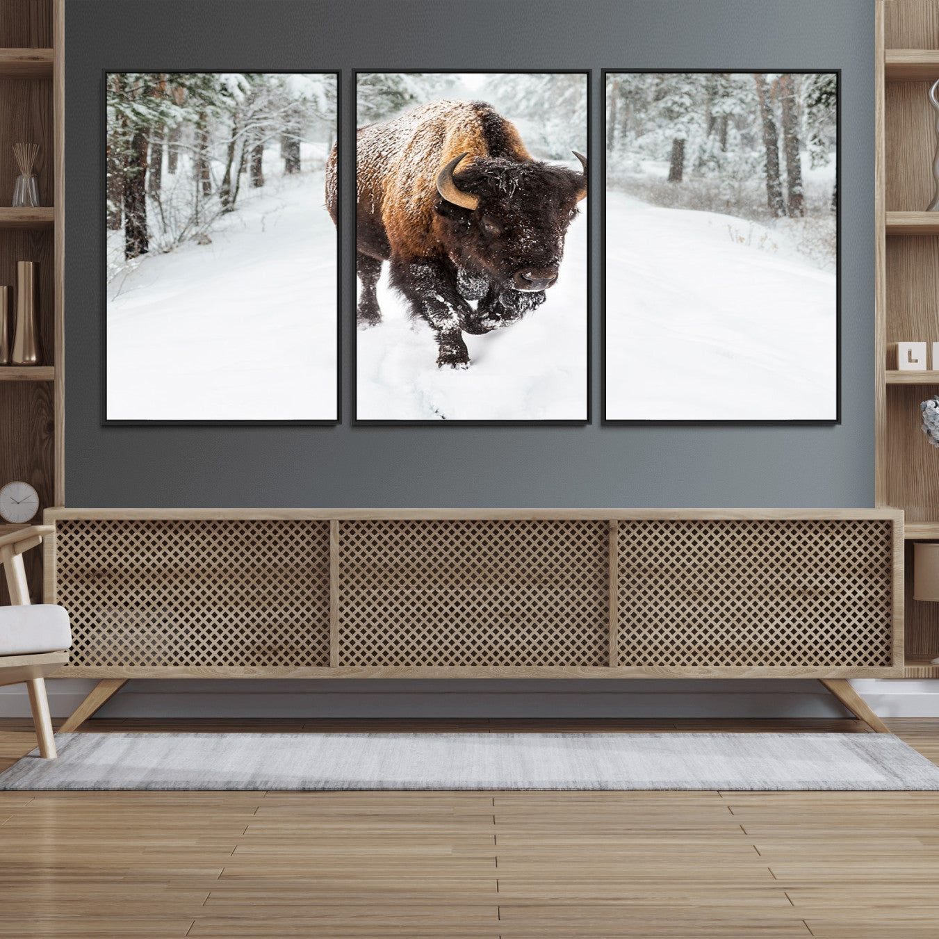 10109-MGV-FC-60X30-3P_Black-Bison Wall Art Canvas Print For Farmhouse, Animal Canvas Print, Wild Animal Wall Art