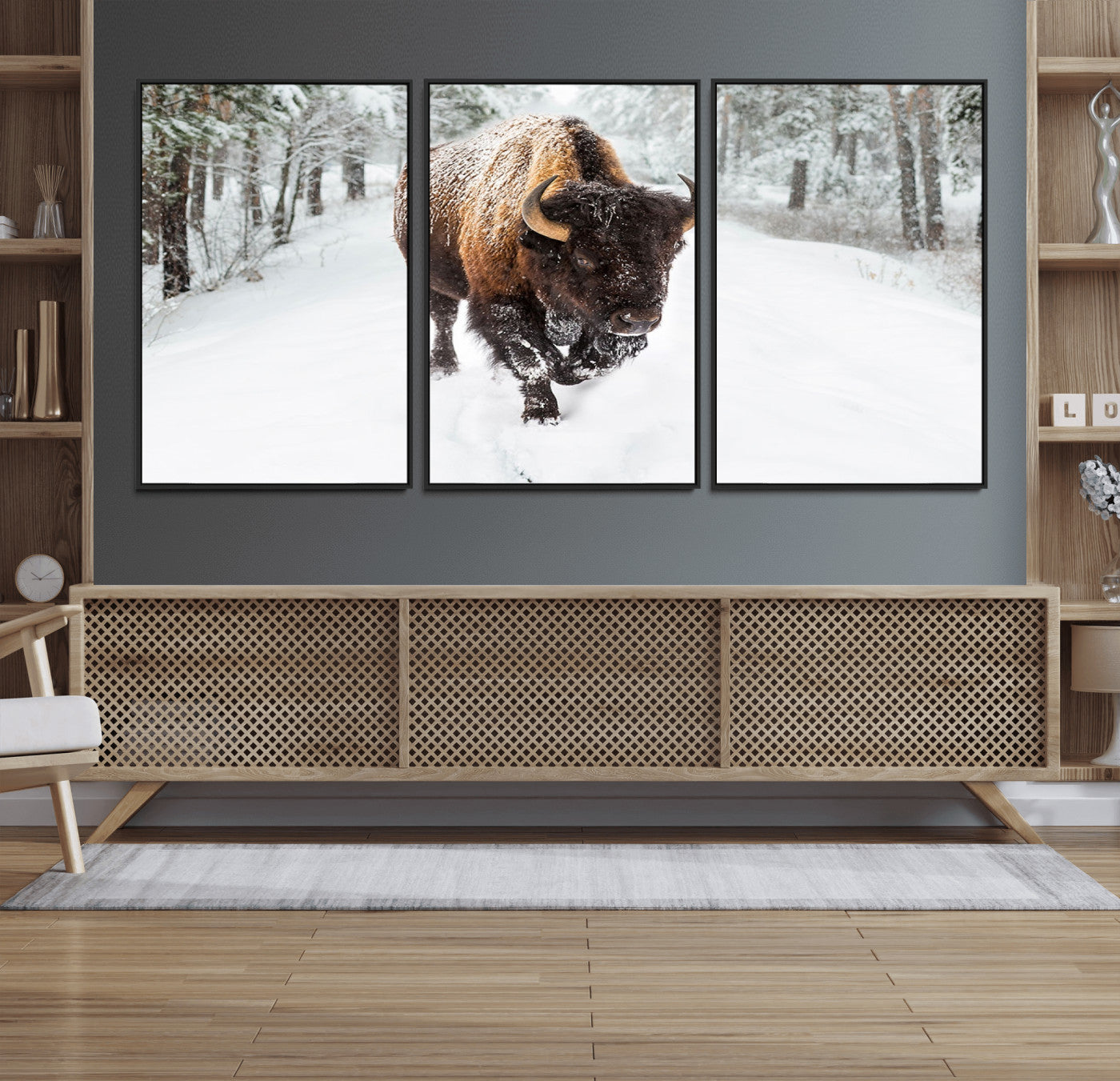 10109-MGV-FC-60X30-3P_Black-Bison Wall Art Canvas Print For Farmhouse, Animal Canvas Print, Wild Animal Wall Art