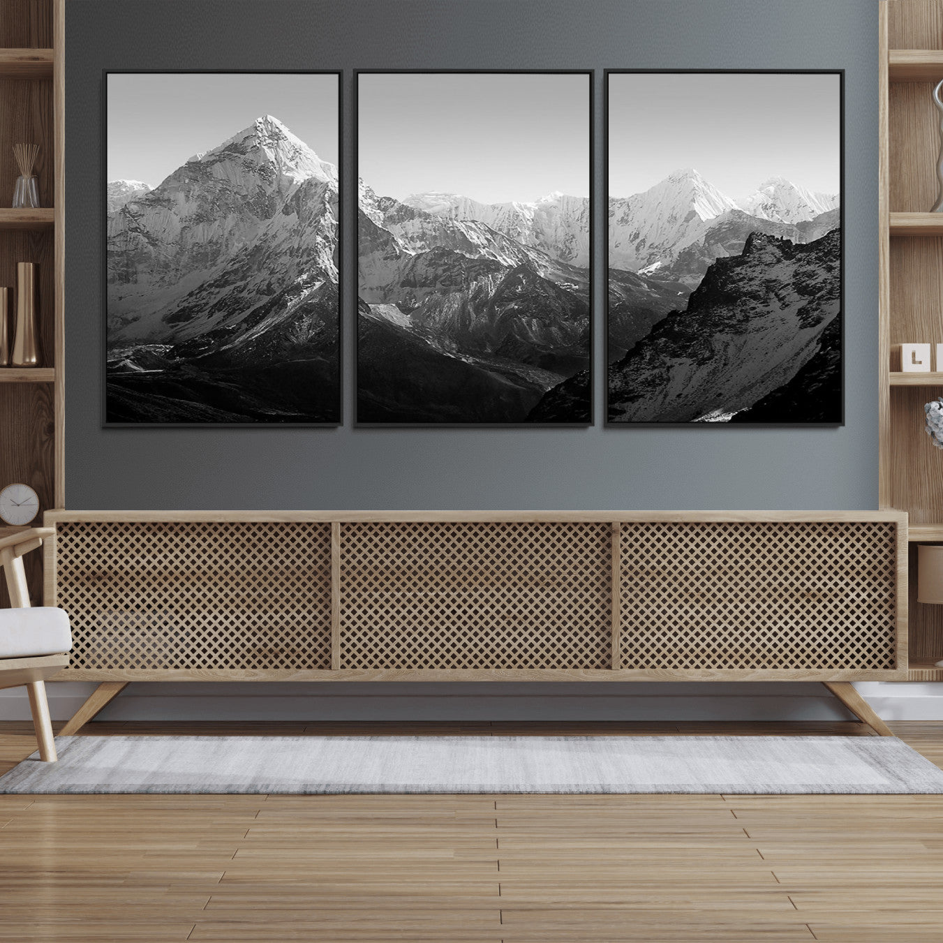 10775-MGV-CV-36X24-Everest Himalaya Mountain Peaks Black & White Triptych Canvas Art – Mountain Wall Decor, Everest