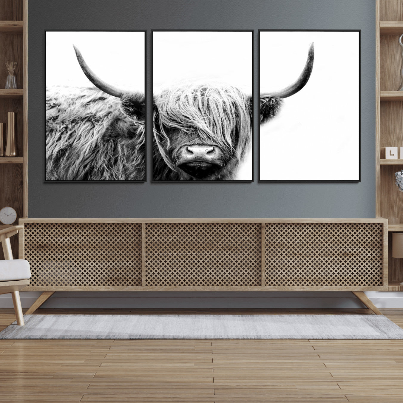 51957-MGV-FC-60X30-3P_Black-Black White Scottish Highland Cow Cattle Art Print Farmhouse Wall Art Canvas Print