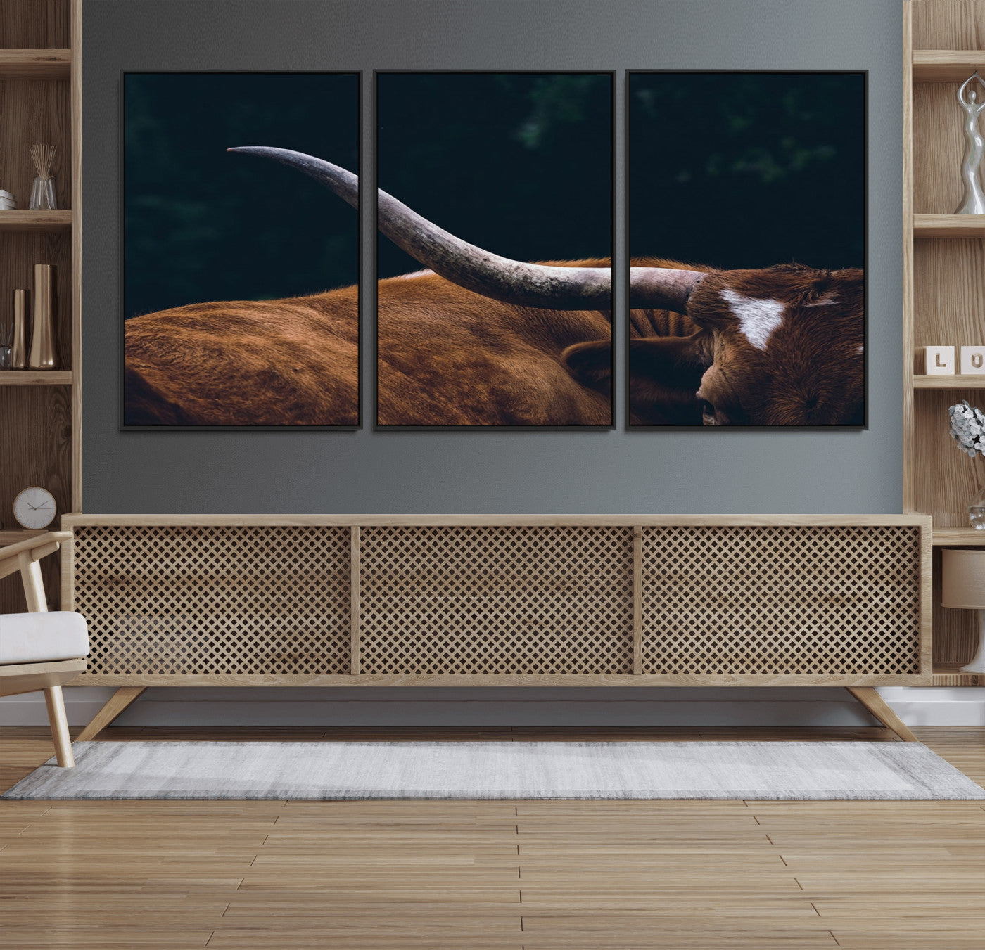 55197-MGV-FC-60X30-3P_Black-Texas Longhorn Bull Wall Art Canvas Print - Large Framed Canvas Wall Art, Farmhouse Cabin Wall